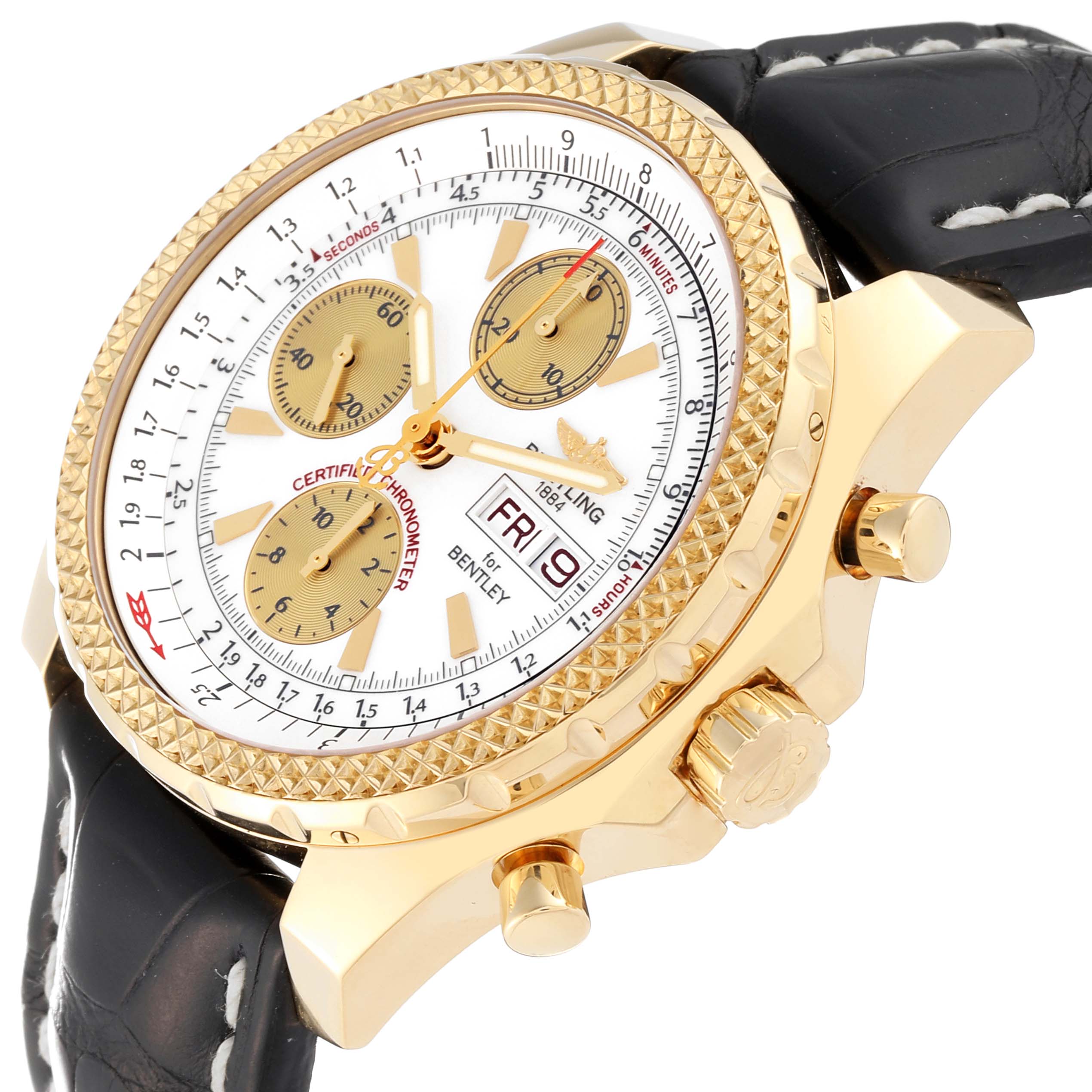 The image shows a side angle of the Breitling Bentley K13362 Men
s Yellow Gold White Dial K13362 Men
s Yellow Gold White Dial watch with a gold case, white dial, and black leather strap.