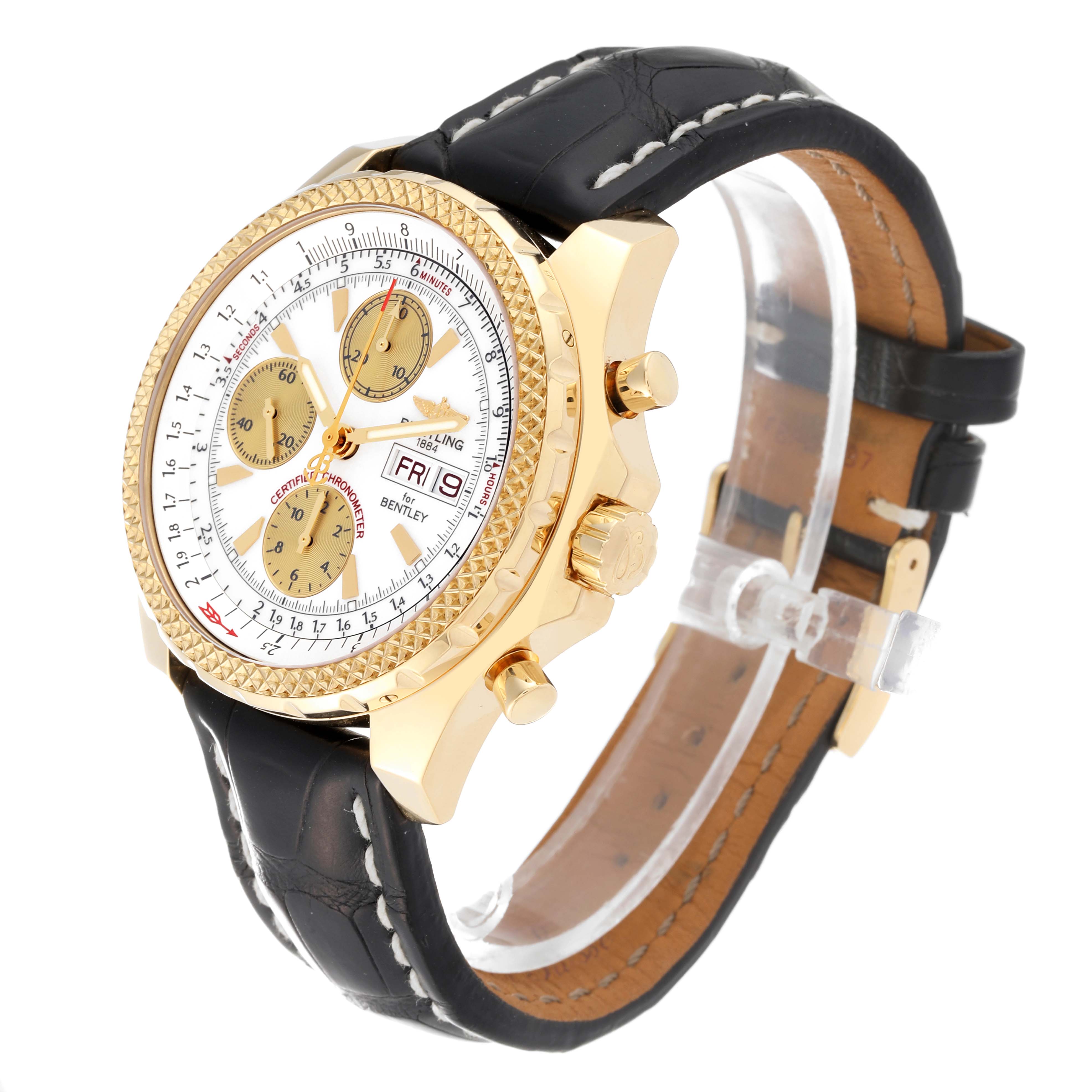 The Bentley model by Breitling is shown at a three-quarter angle, displaying the face, bezel, chronograph pushers, and leather strap.
