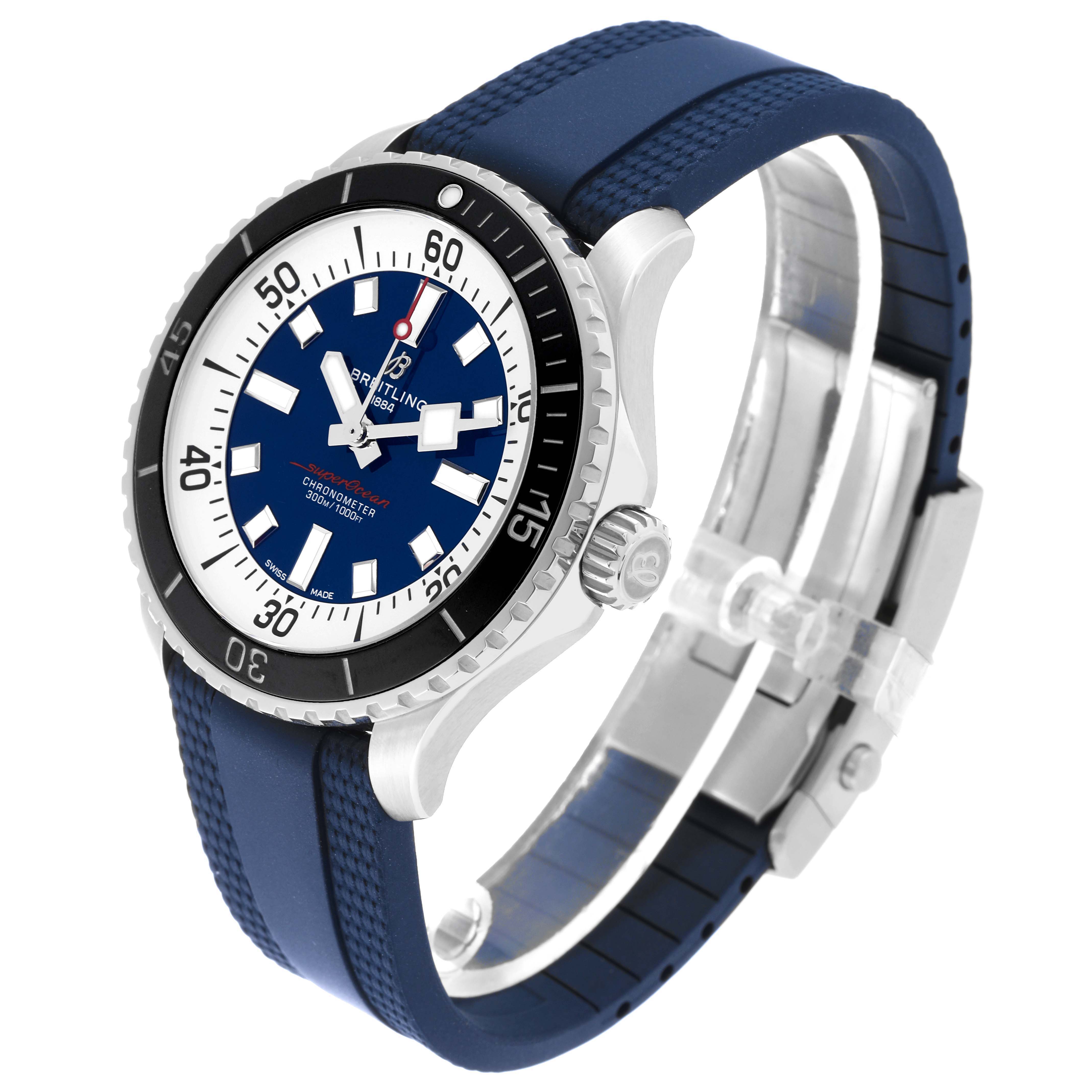 The Breitling Superocean A17376211C1S1 Men's Stainless Steel Blue Dial A17376211C1S1 Men's Stainless Steel Blue Dial watch is angled to show its blue dial, bezel, crown, and blue strap with a clasp.