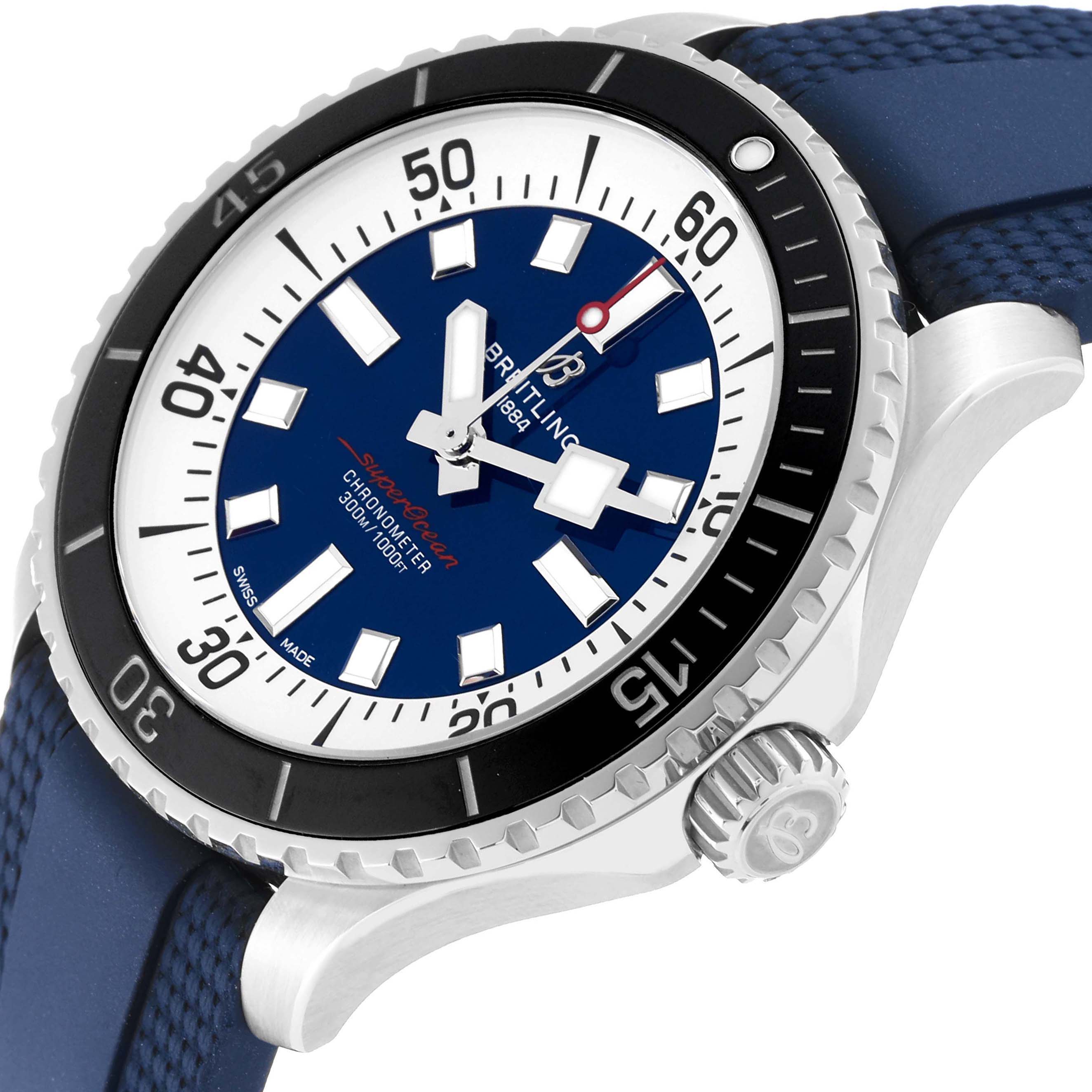 This image shows a Breitling Superocean A17376211C1S1 Men's Stainless Steel Blue Dial A17376211C1S1 Men's Stainless Steel Blue Dial watch from an angle highlighting its dial, bezel, and crown with a blue strap.