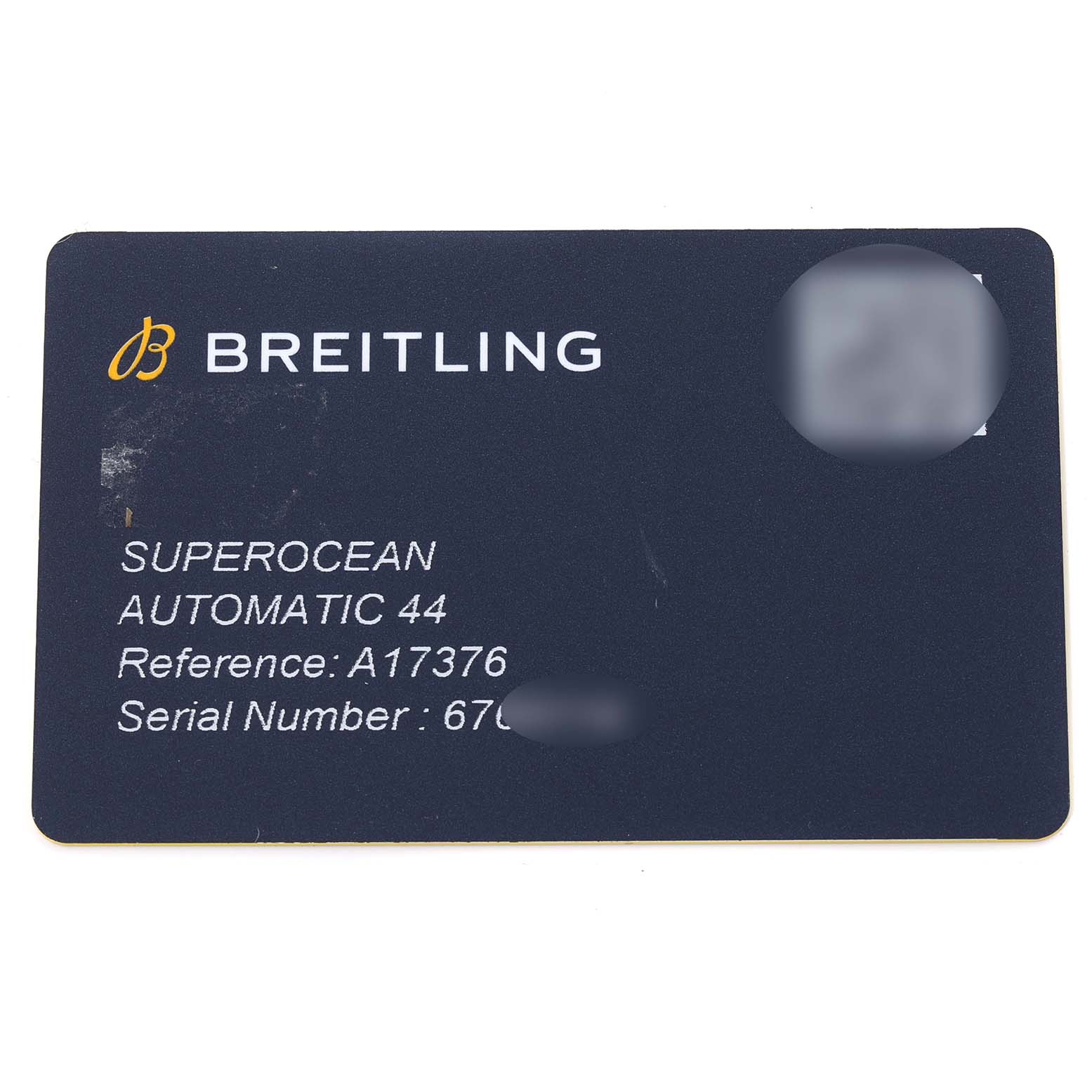 This image shows a Breitling Superocean A17376211C1S1 Men's Stainless Steel Blue Dial A17376211C1S1 Men's Stainless Steel Blue Dial Automatic 44 watch identification card, detailing its reference and serial numbers.