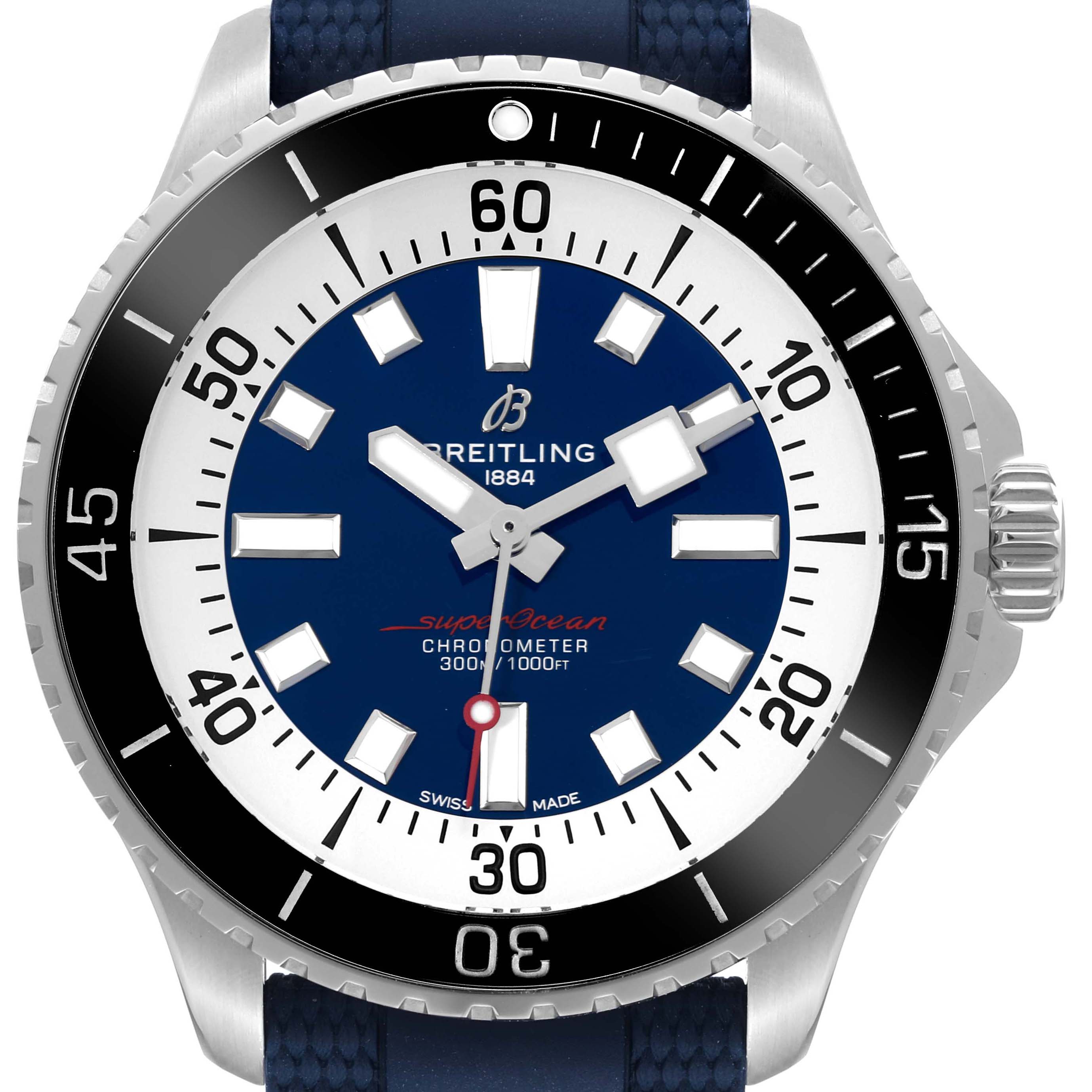 The image shows a front view of a Breitling Superocean A17376211C1S1 Men's Stainless Steel Blue Dial A17376211C1S1 Men's Stainless Steel Blue Dial watch, detailing the face, bezel, and crown.