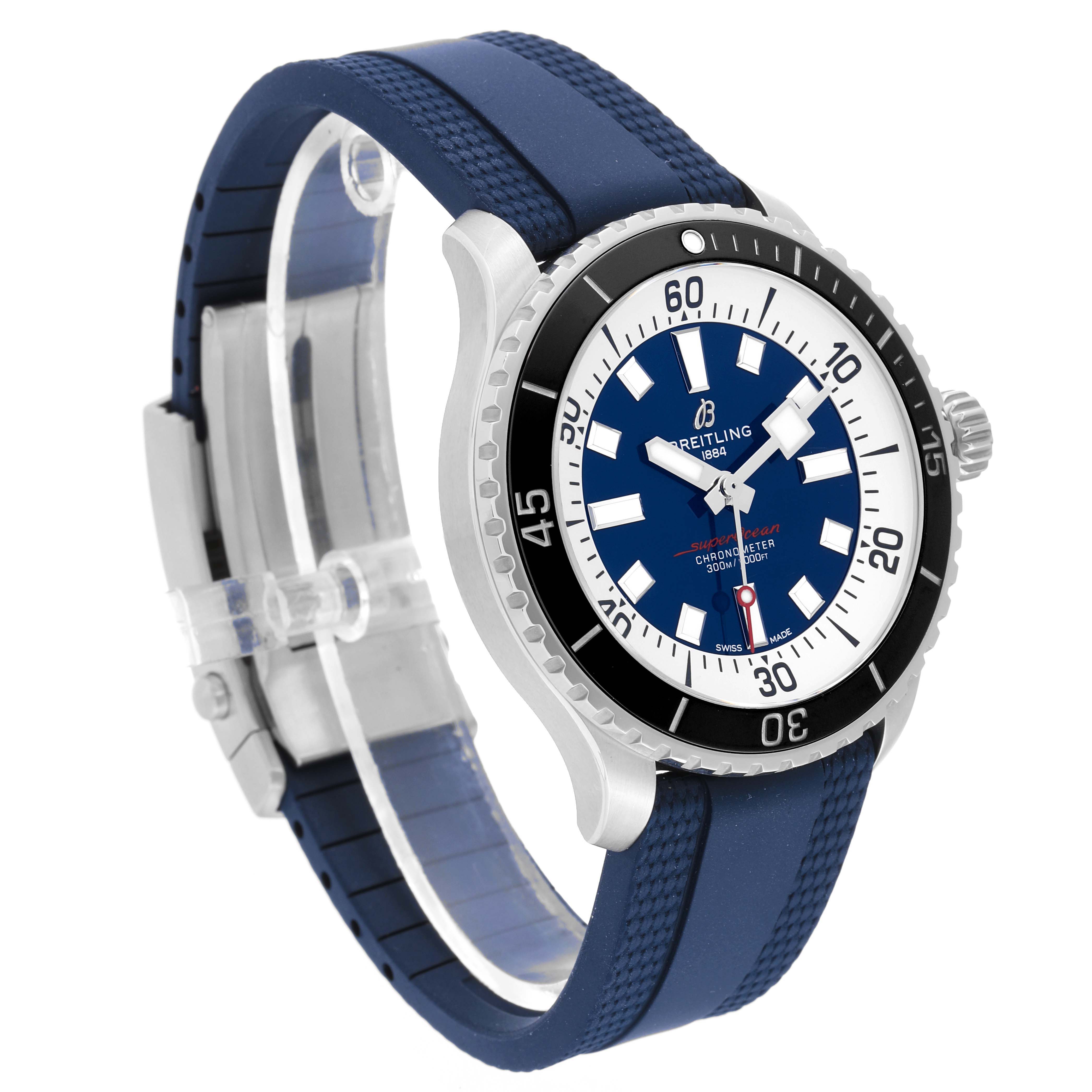 The Breitling Superocean A17376211C1S1 Men's Stainless Steel Blue Dial A17376211C1S1 Men's Stainless Steel Blue Dial watch is shown at a three-quarter angle, displaying its blue dial, bezel, and blue strap.