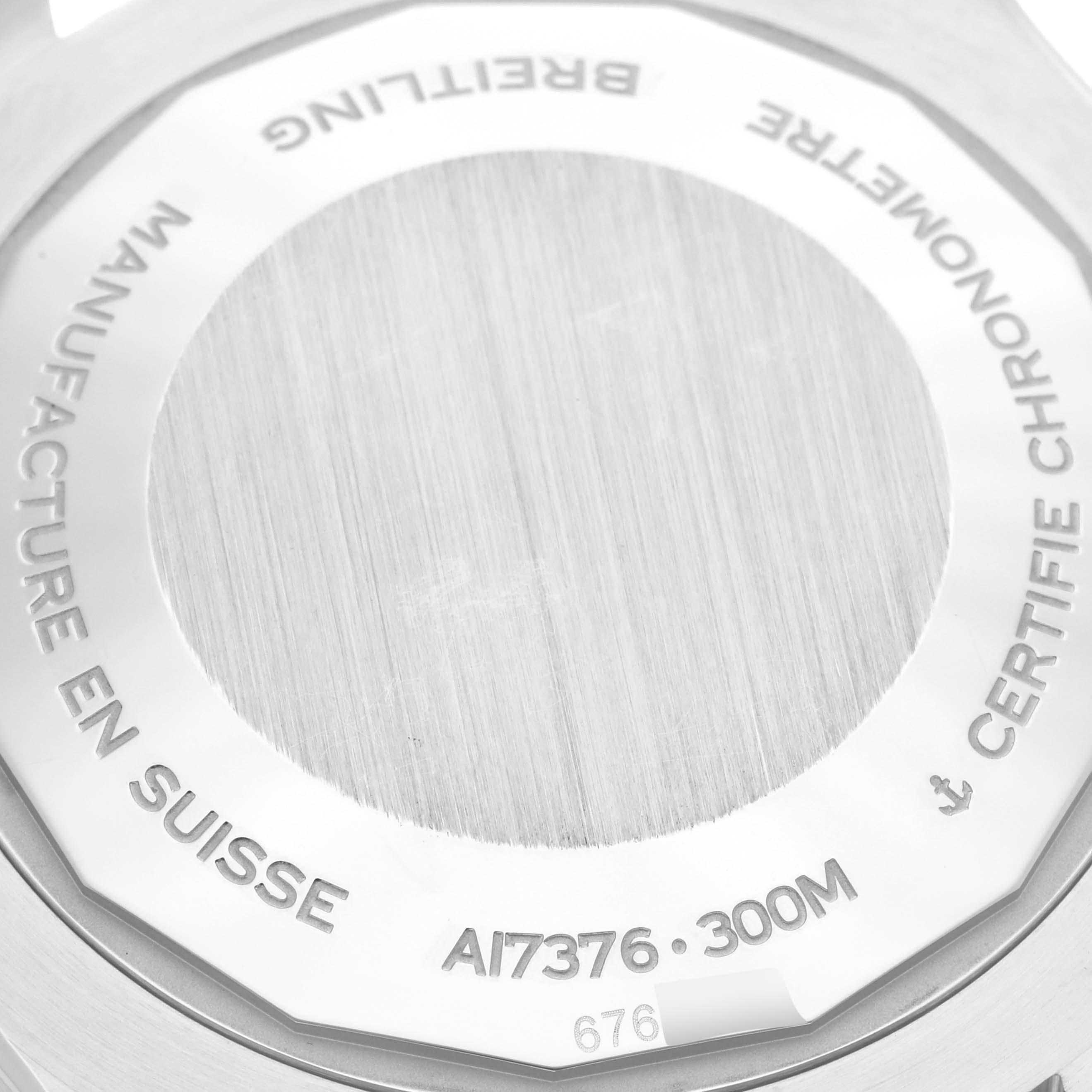 This image shows the case back of the Breitling Superocean A17376211C1S1 Men's Stainless Steel Blue Dial A17376211C1S1 Men's Stainless Steel Blue Dial model, highlighting the brand markings and water resistance details.