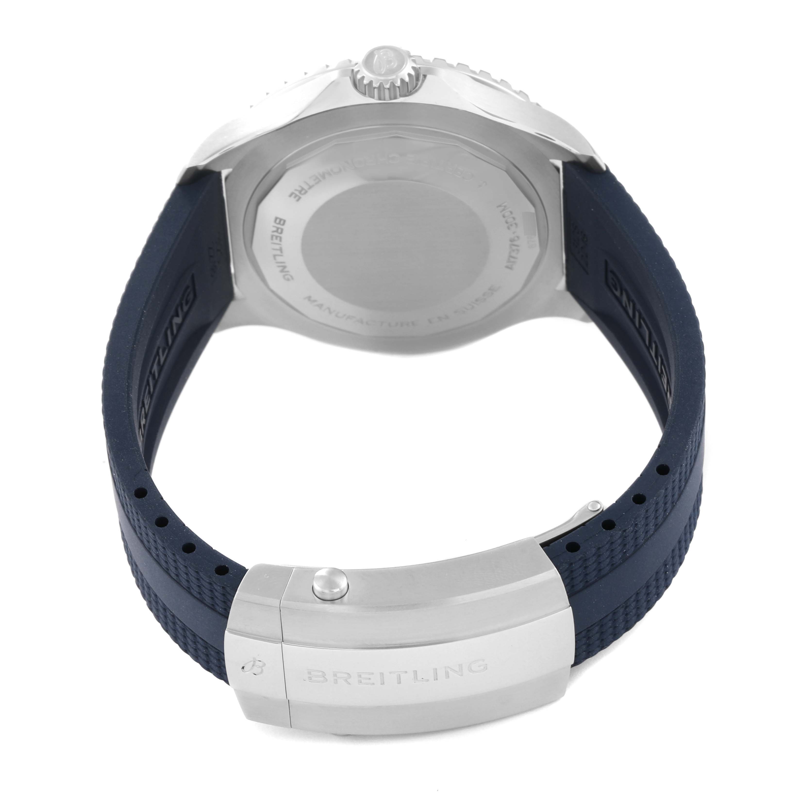 This image shows the back case, crown, and blue strap of the Breitling Superocean A17376211C1S1 Men's Stainless Steel Blue Dial A17376211C1S1 Men's Stainless Steel Blue Dial watch at a slight side angle.