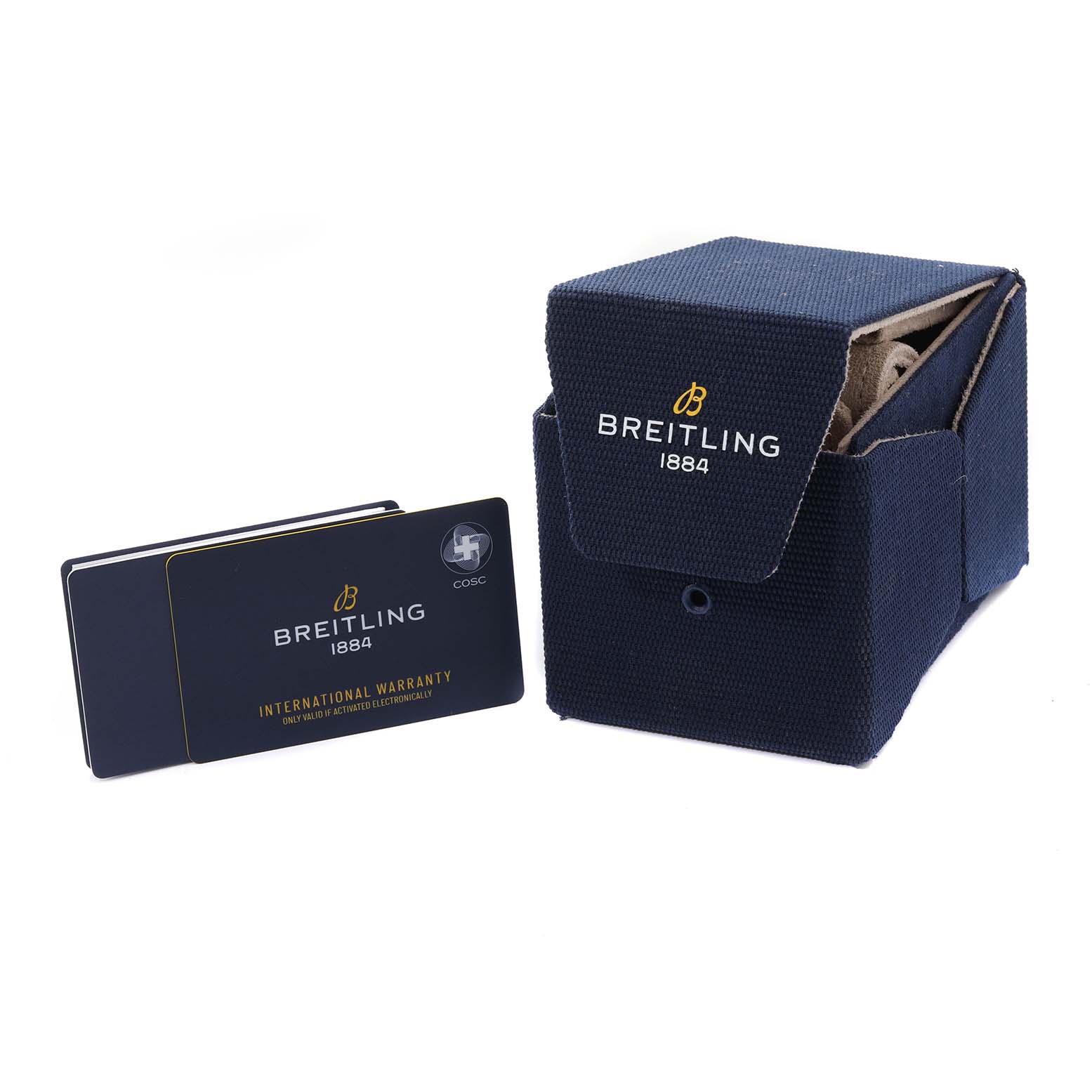 The image shows the Breitling Superocean A17376211C1S1 Men's Stainless Steel Blue Dial A17376211C1S1 Men's Stainless Steel Blue Dial watch's packaging, including the box and international warranty card.
