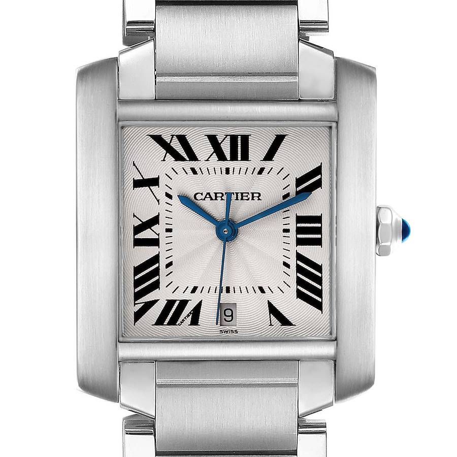 The image shows a frontal view of the Cartier Tank Francaise, highlighting its face, Roman numerals, and bracelet links.