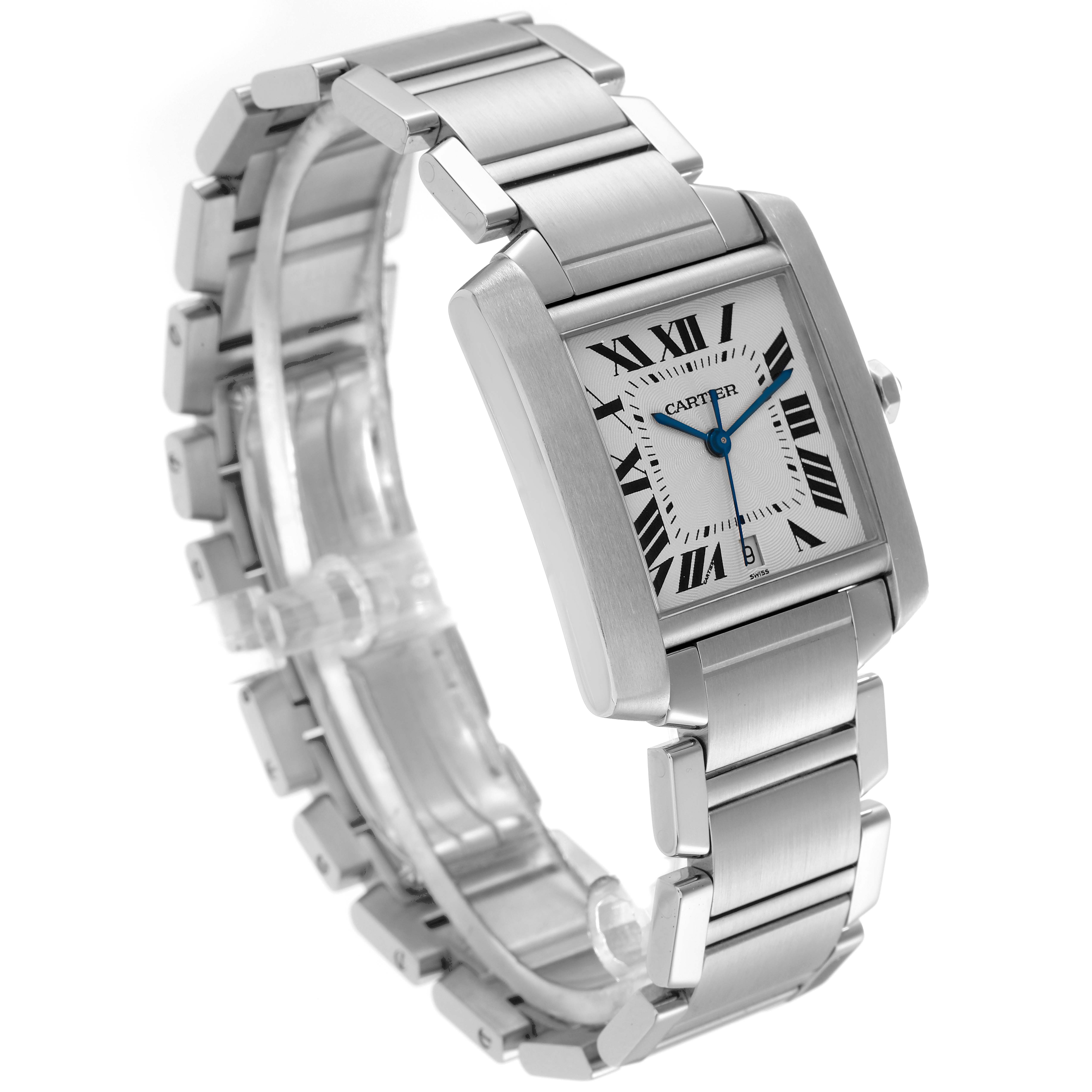 The Cartier Tank Française watch is angled to display the rectangular face, Roman numerals, steel bracelet, and crown.