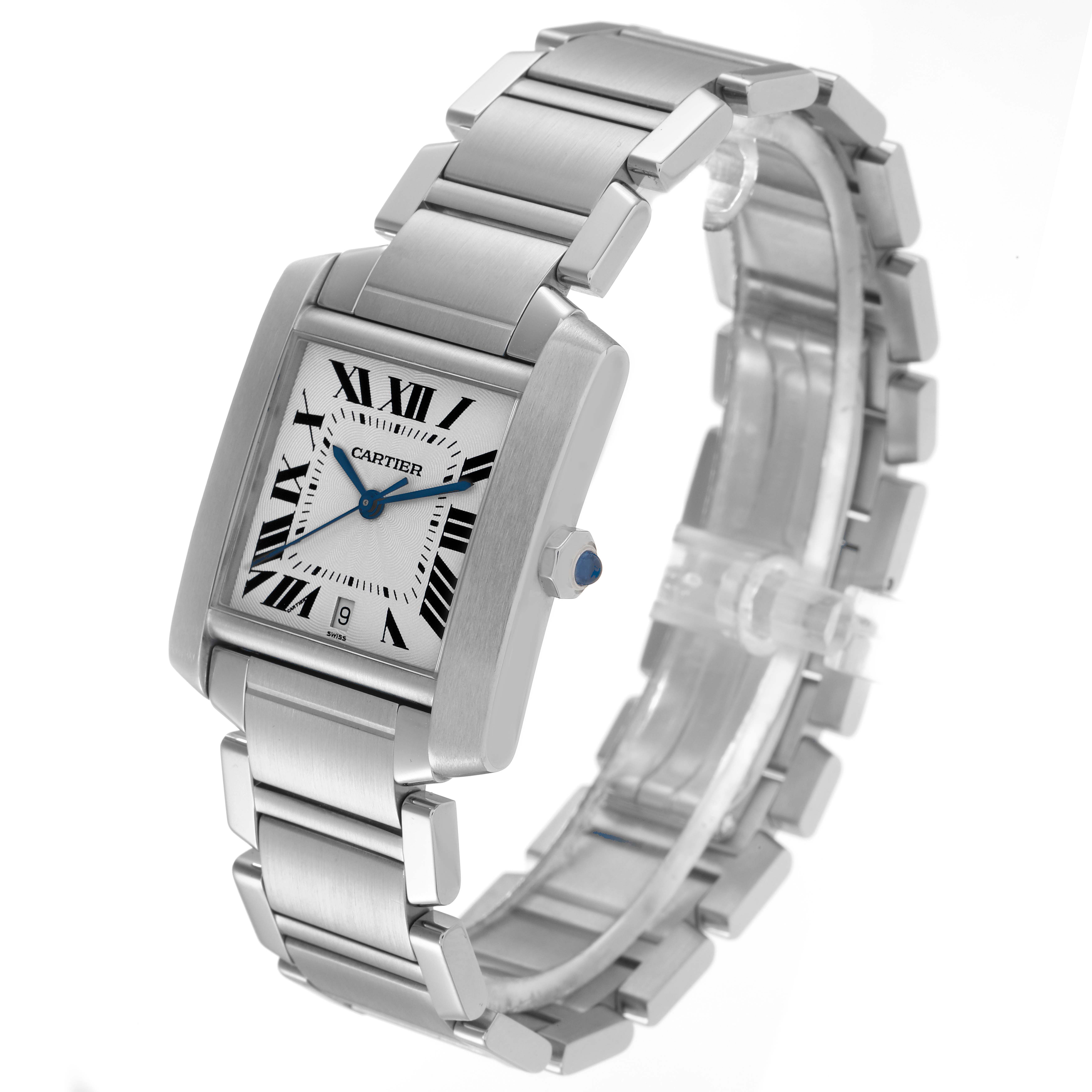 The Cartier Tank Française watch is shown at a three-quarter angle, highlighting the face, bracelet, and crown.