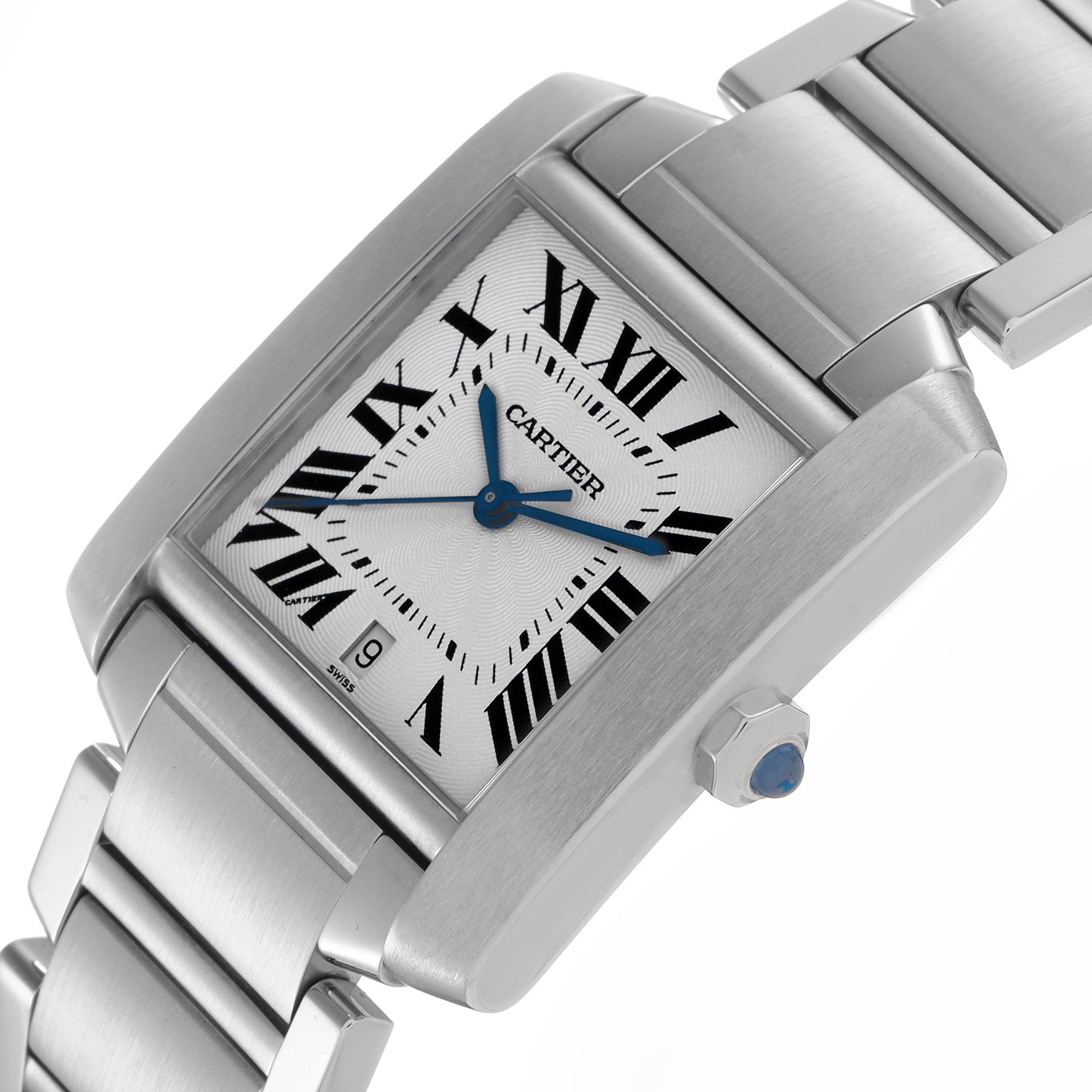 The Cartier Tank Francaise W51002Q3 Men
s Stainless Steel Silver Dial W51002Q3 Men
s Stainless Steel Silver Dial watch is shown at an angle displaying its face, bracelet, crown, and date window.