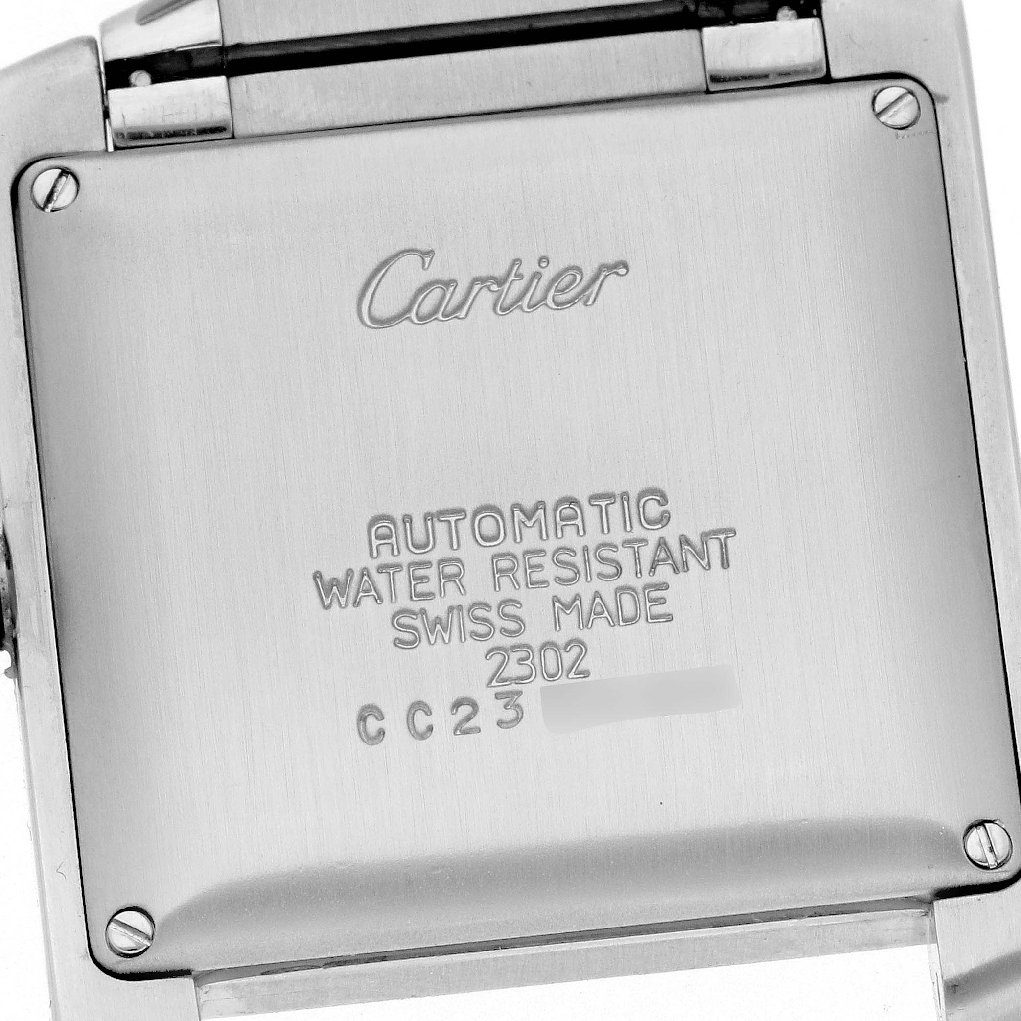 The image shows the back casing of a Cartier Tank Francaise W51002Q3 Men
s Stainless Steel Silver Dial W51002Q3 Men
s Stainless Steel Silver Dial watch, featuring brand engravings and technical details.