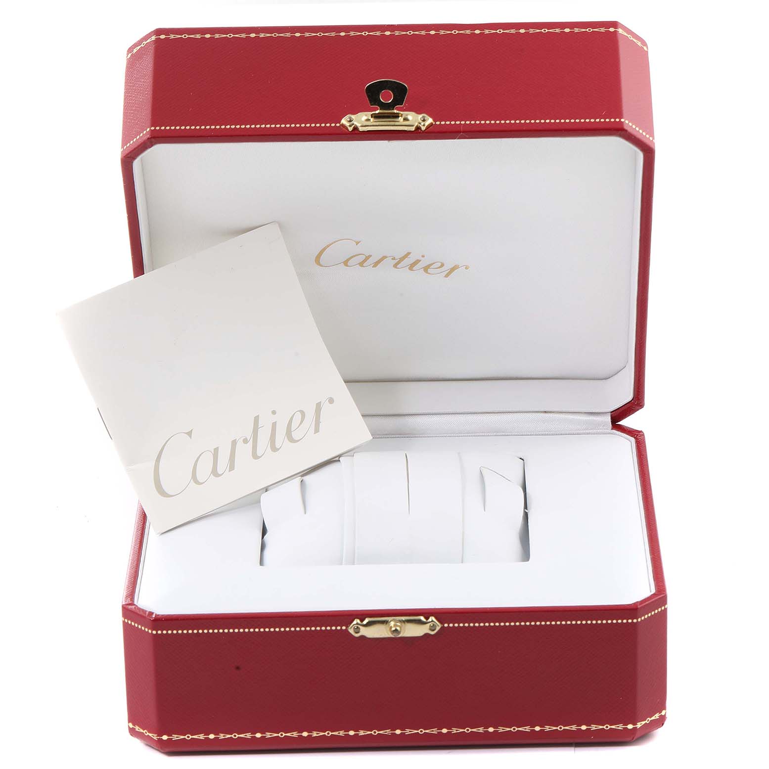 This image shows an open Cartier Tank Francaise W51012Q4 Women's Steel and Gold (two tone) Silver Dial W51012Q4 Women's Steel and Gold (two tone) Silver Dial watch box with a white cushion and booklet inside.