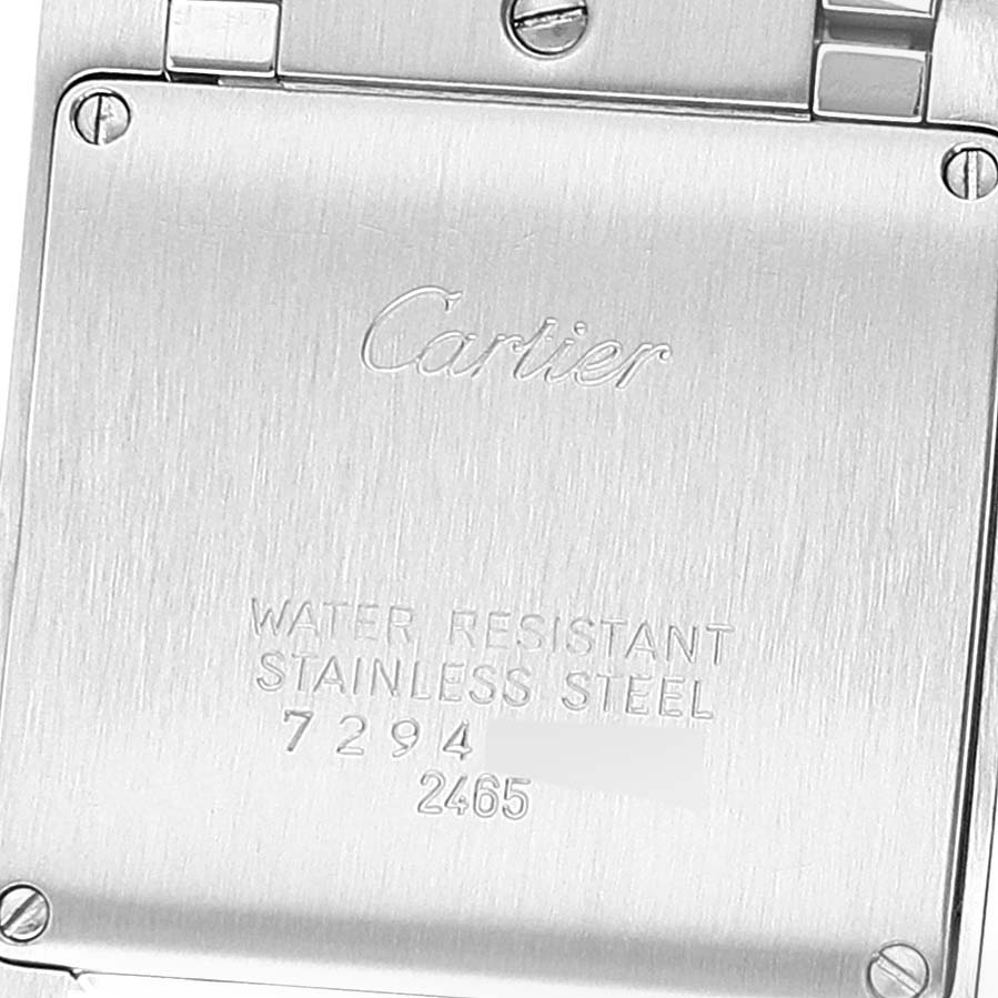 This is the back view of the Cartier Tank Francaise W51012Q4 Women's Steel and Gold (two tone) Silver Dial W51012Q4 Women's Steel and Gold (two tone) Silver Dial watch, showcasing its water resistance and stainless steel features.