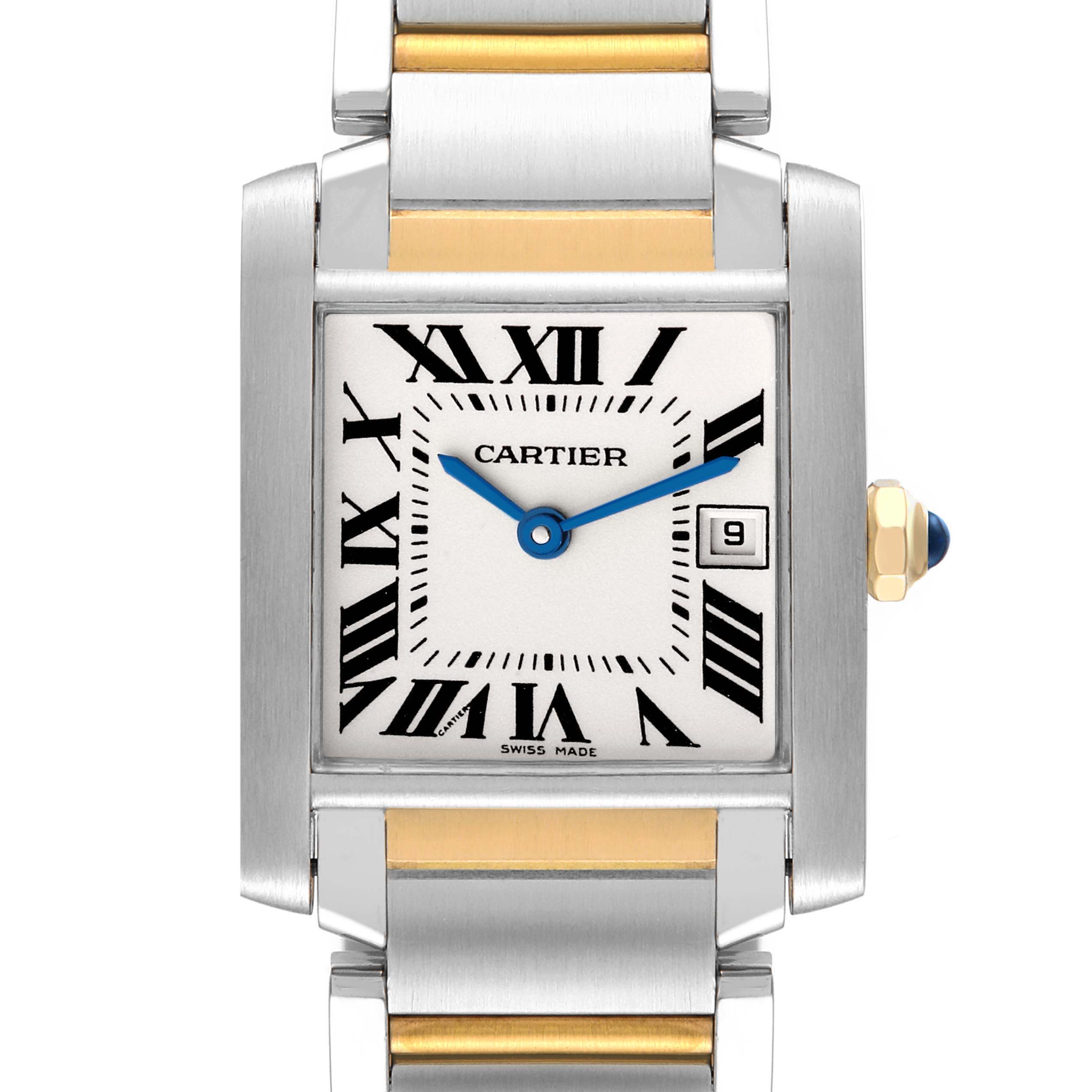 The image shows a front view of a Cartier Tank Française watch, highlighting its square face, Roman numerals, and part of the metal bracelet.