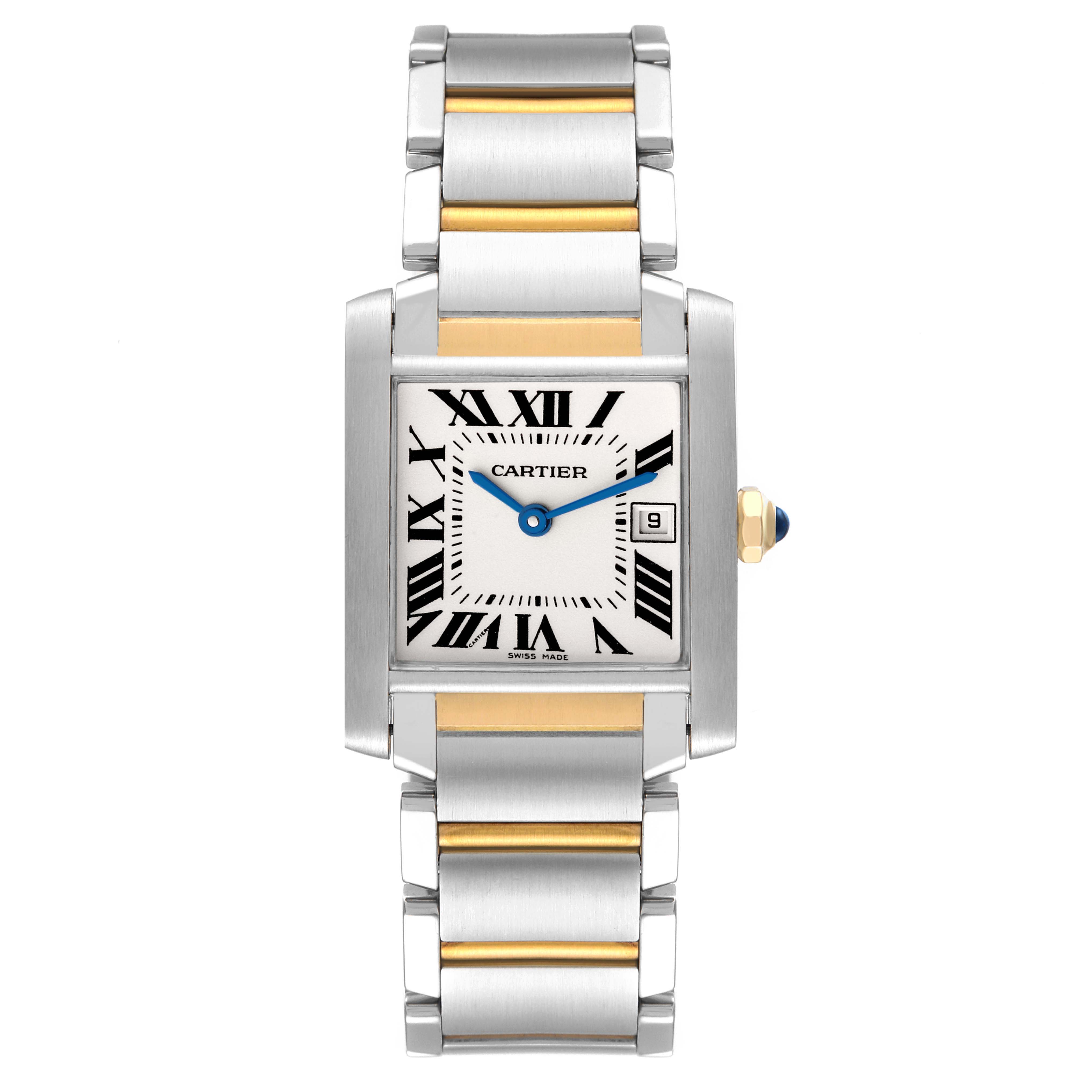 The image shows a Cartier Tank Française watch from a top-down angle, featuring the dial, case, and bracelet.