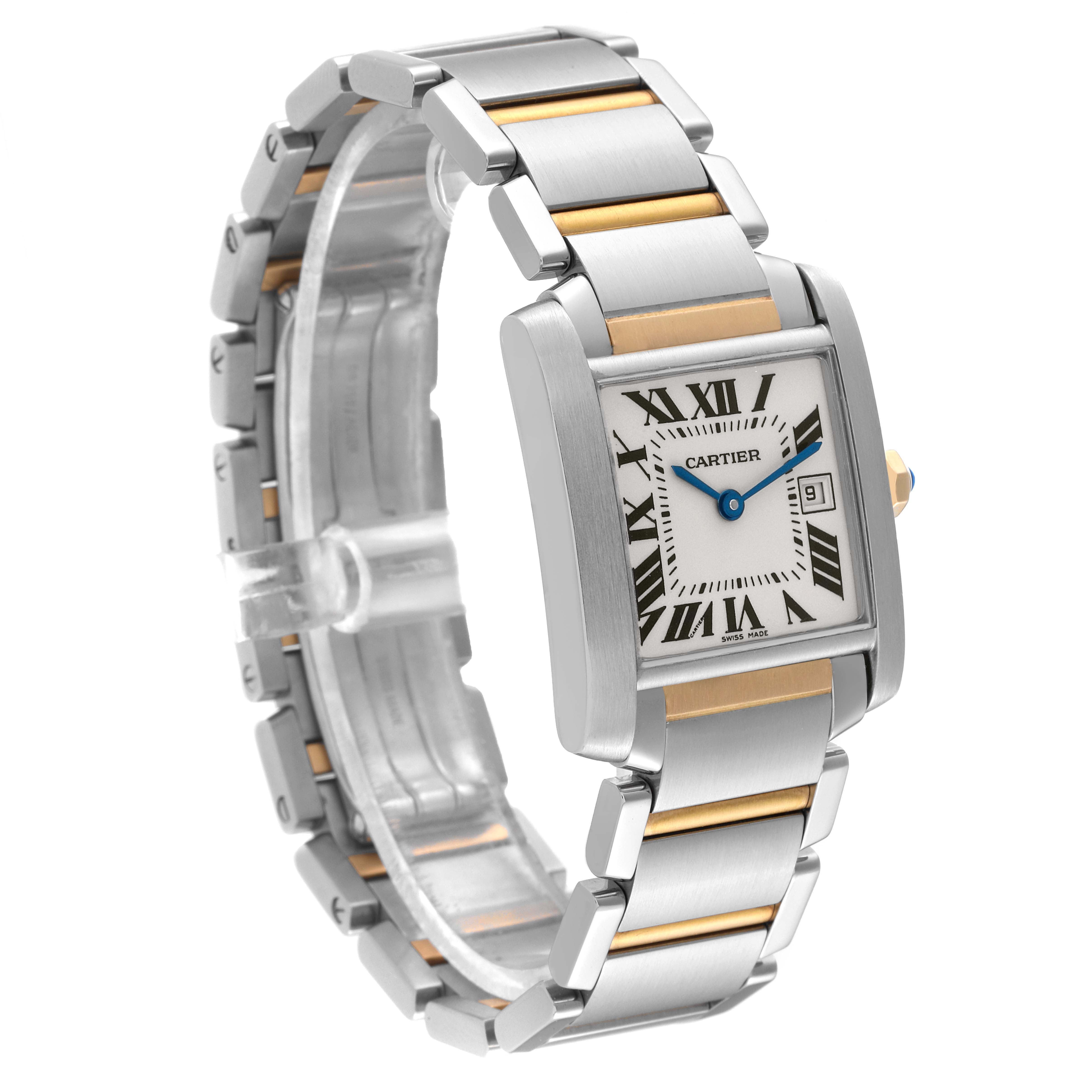 The image shows a Cartier Tank Francaise W51012Q4 Women's Steel and Gold (two tone) Silver Dial W51012Q4 Women's Steel and Gold (two tone) Silver Dial watch from an angled side view, highlighting the bracelet and rectangular face.
