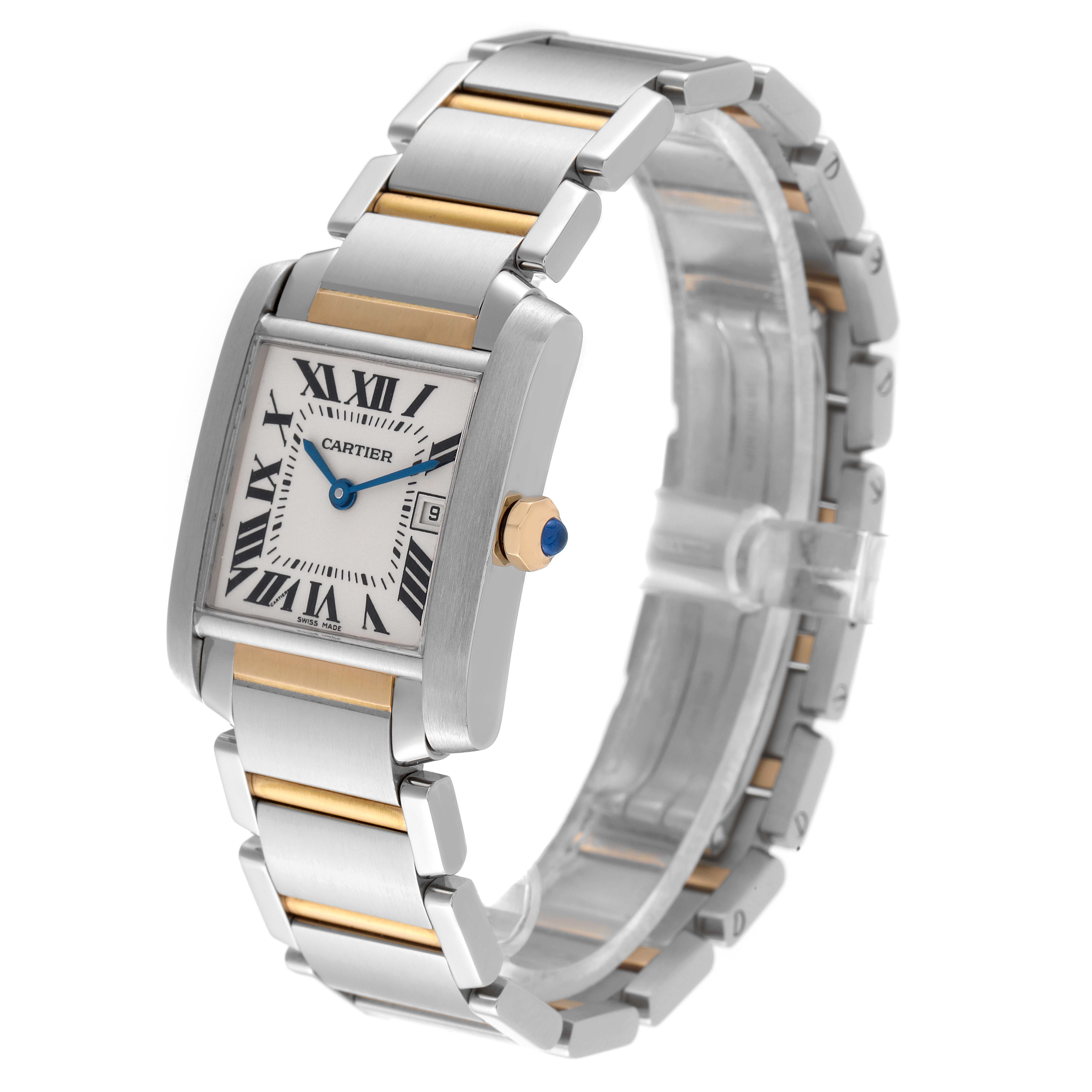 The image shows a Cartier Tank Française watch from an angled perspective, highlighting its rectangular face and two-tone metal bracelet.