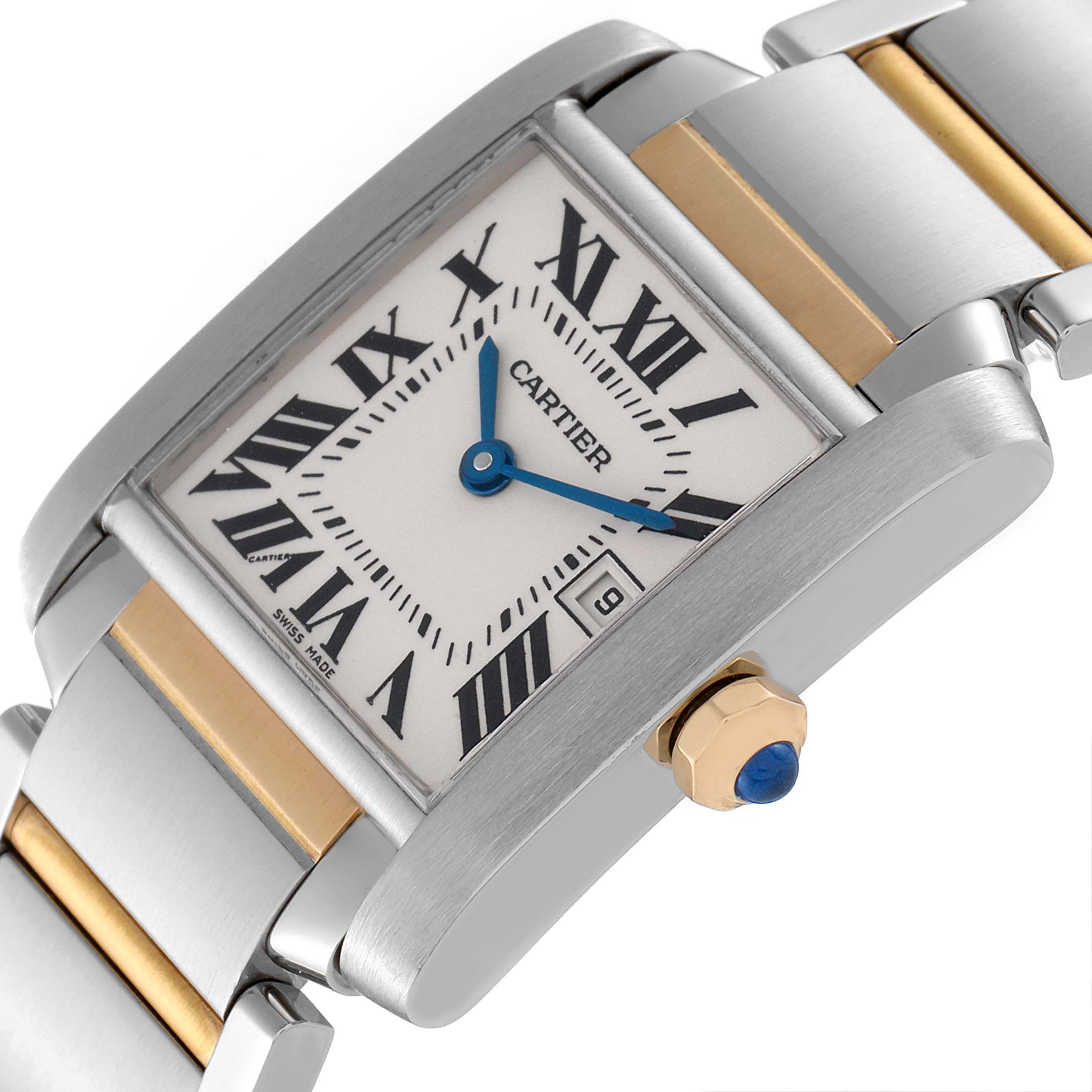 The Cartier Tank Francaise W51012Q4 Women's Steel and Gold (two tone) Silver Dial W51012Q4 Women's Steel and Gold (two tone) Silver Dial watch is shown at an angled close-up, displaying its face, bracelet, and crown.