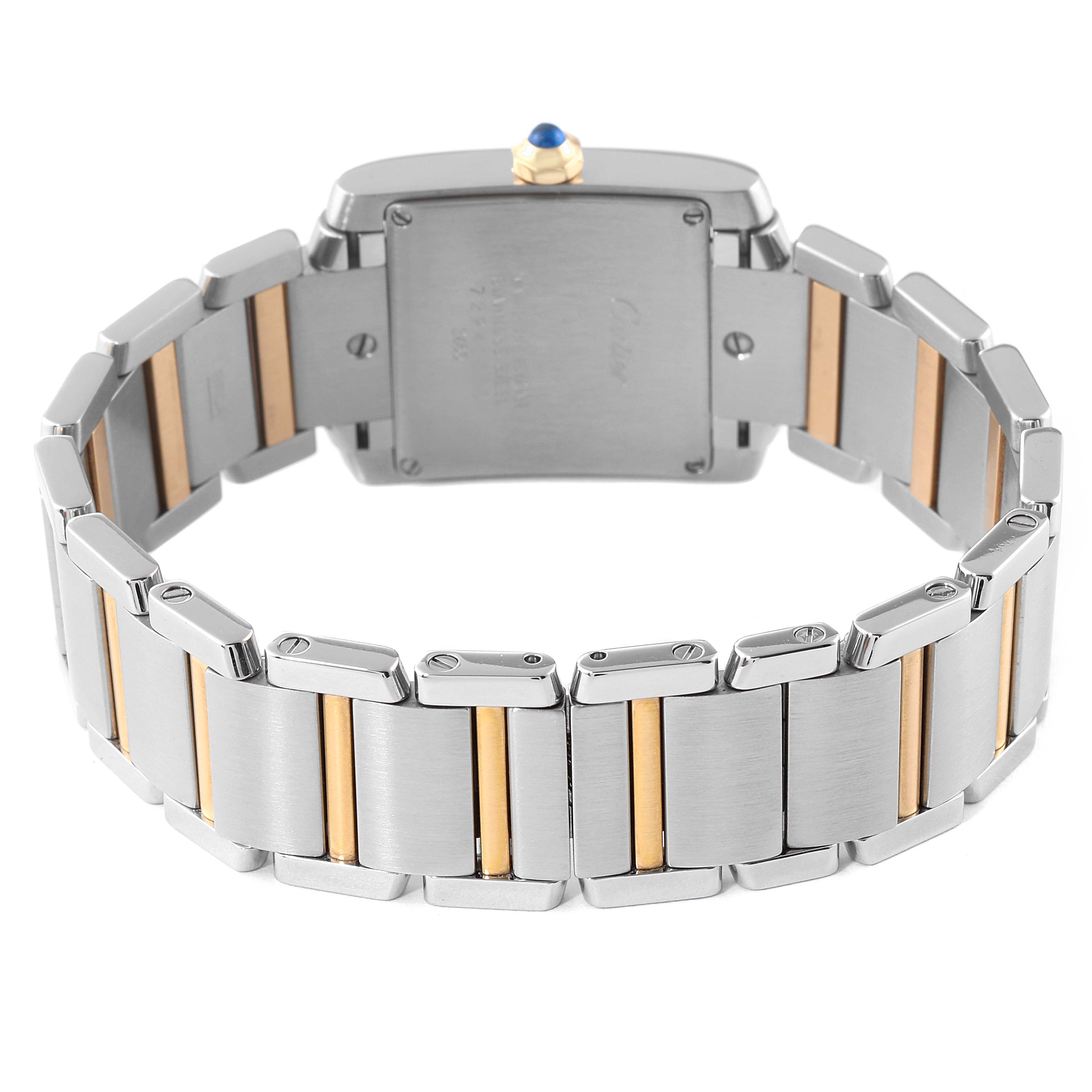 The image shows the back and bracelet of a Cartier Tank Française watch, highlighting the stainless steel and gold-tone links.