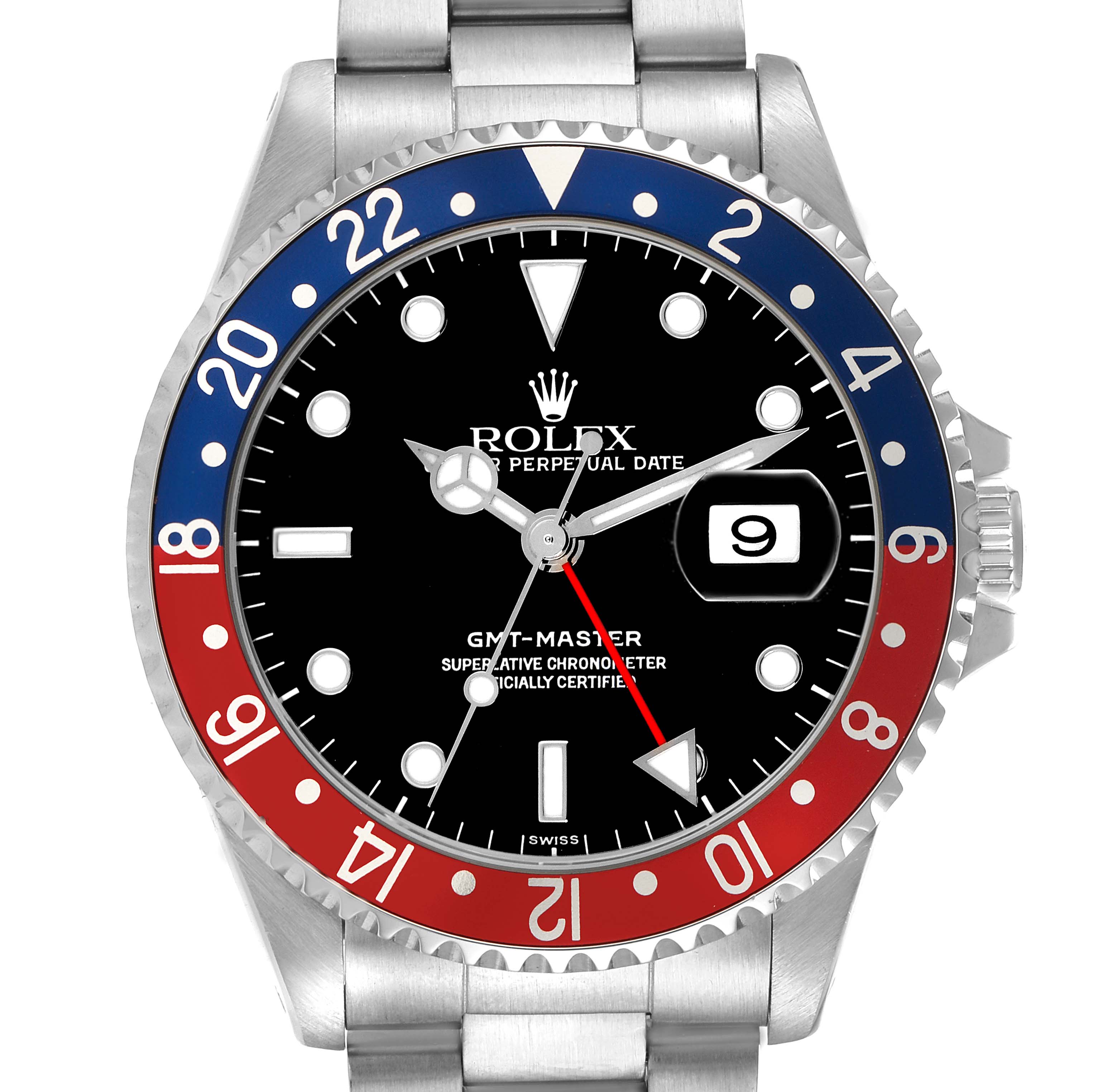 The image shows a front view of a Rolex GMT-Master 16700 Men
s Stainless Steel Black Dial 16700 Men
s Stainless Steel Black Dial watch, featuring the dial, bezel, crown, and part of the bracelet.