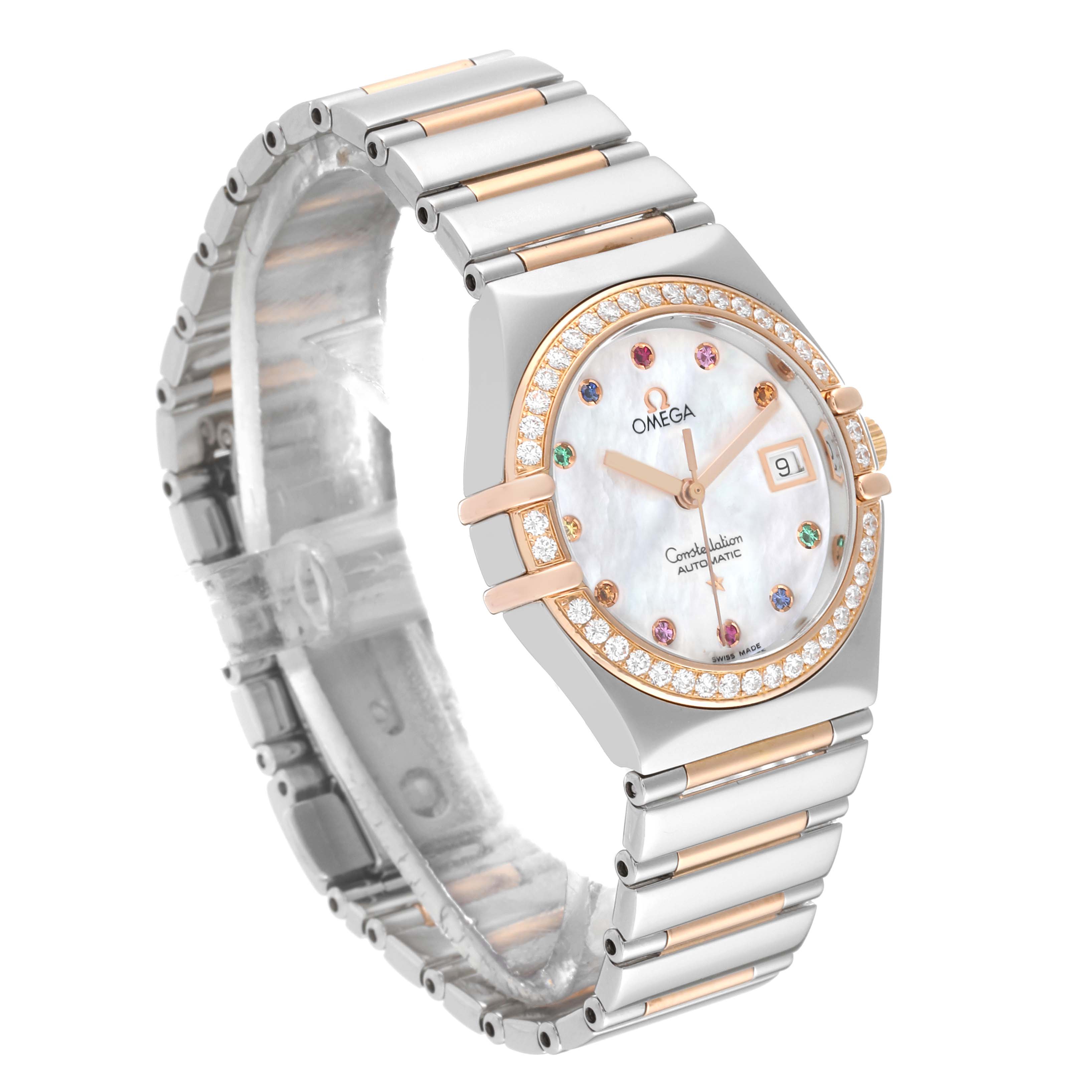 This image shows the Omega 1394.79.00 Women's Steel and Gold (two tone) Mother of Pearl Dial 1394.79.00 Women's Steel and Gold (two tone) Mother of Pearl Dial Constellation Iris Rainbow Steel Rose Gold Multi Stone Ladies Watch 1394.79.00 from a front-side angle.