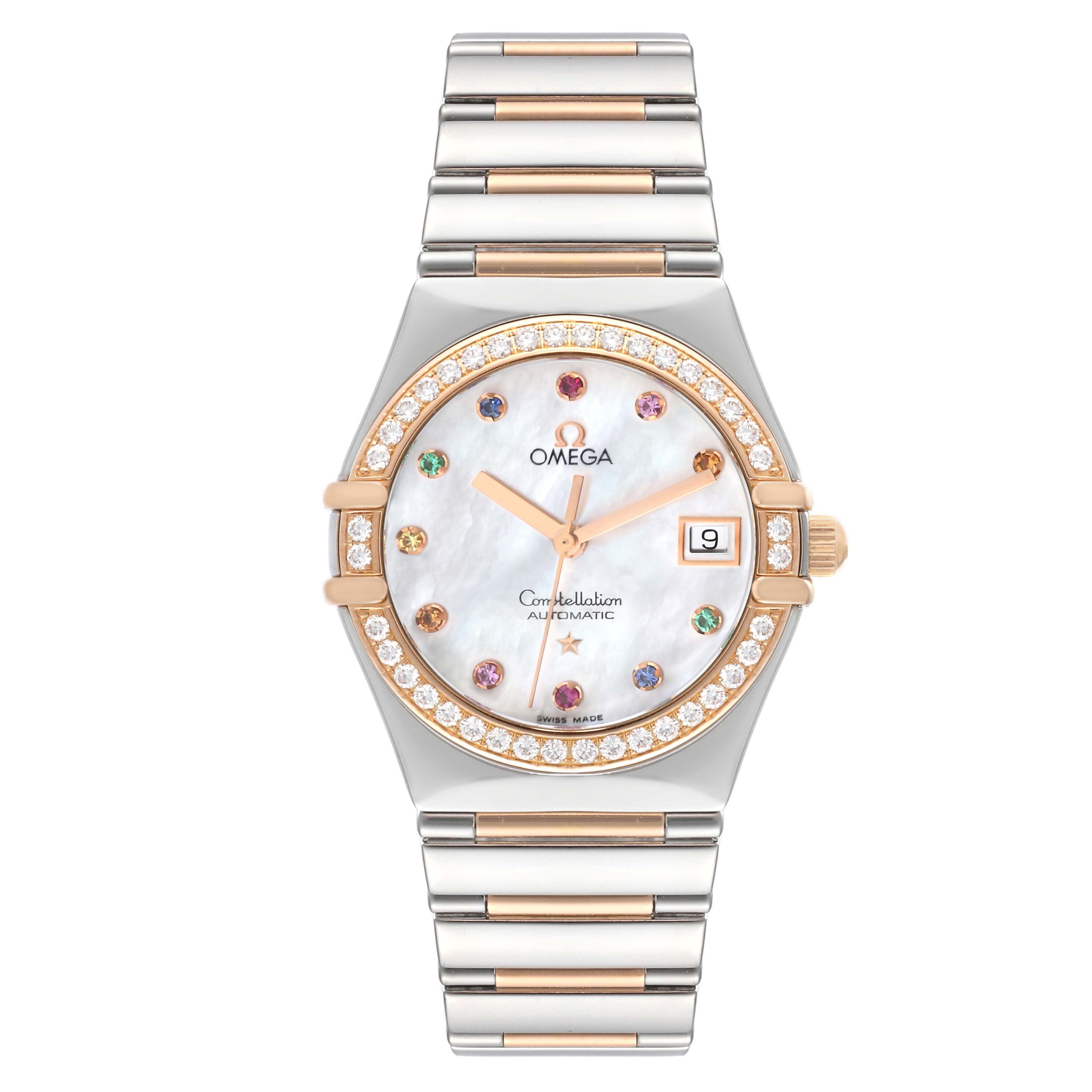 This image shows a frontal view of the Omega 1394.79.00 Women's Steel and Gold (two tone) Mother of Pearl Dial 1394.79.00 Women's Steel and Gold (two tone) Mother of Pearl Dial Constellation Iris Rainbow Steel Rose Gold Multi Stone Ladies Watch 1394.79.00.