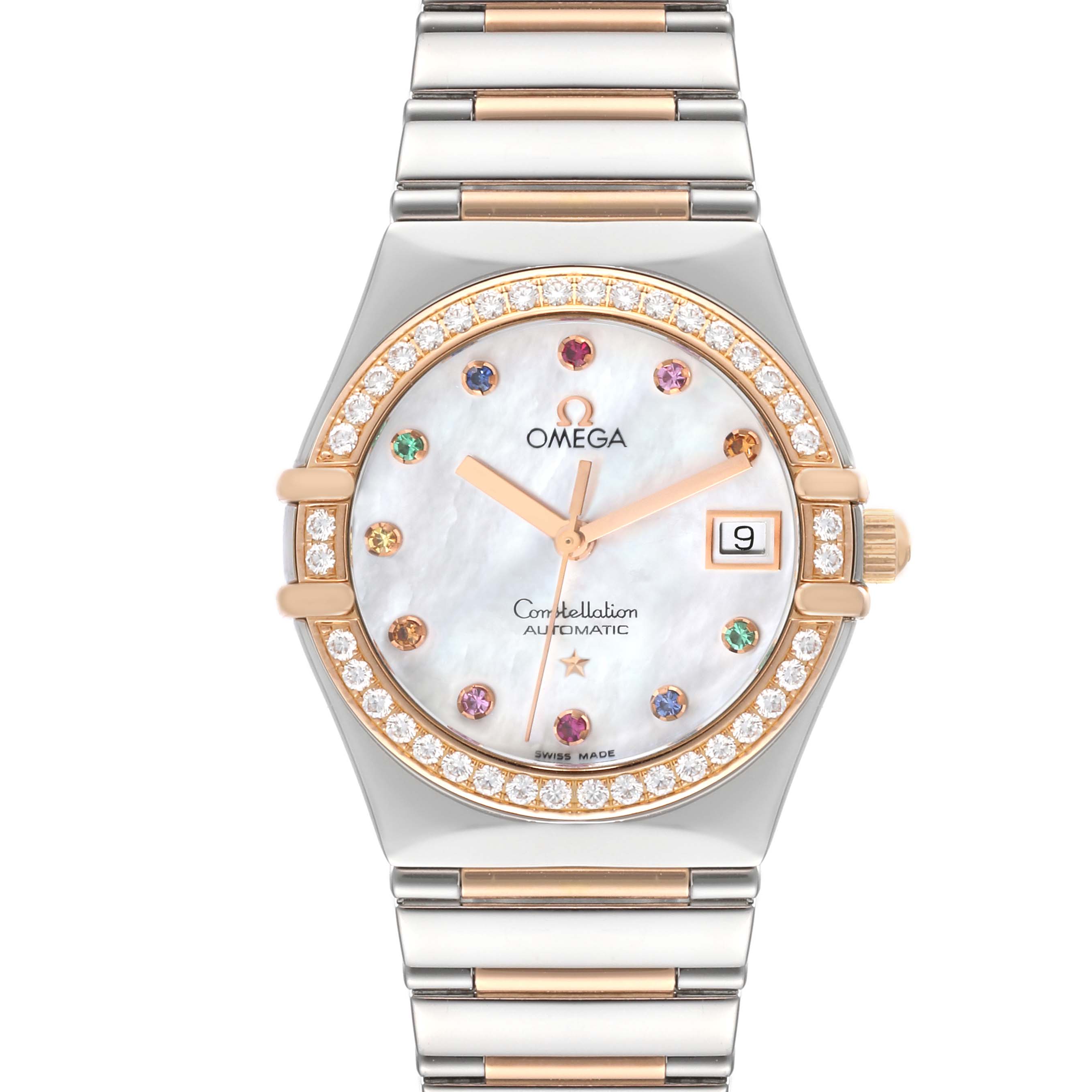 The Omega 1394.79.00 Women's Steel and Gold (two tone) Mother of Pearl Dial 1394.79.00 Women's Steel and Gold (two tone) Mother of Pearl Dial Constellation Iris Rainbow Steel Rose Gold Multi Stone Ladies Watch 1394.79.00 is shown from a front angle, displaying the dial, bezel, and bracelet.