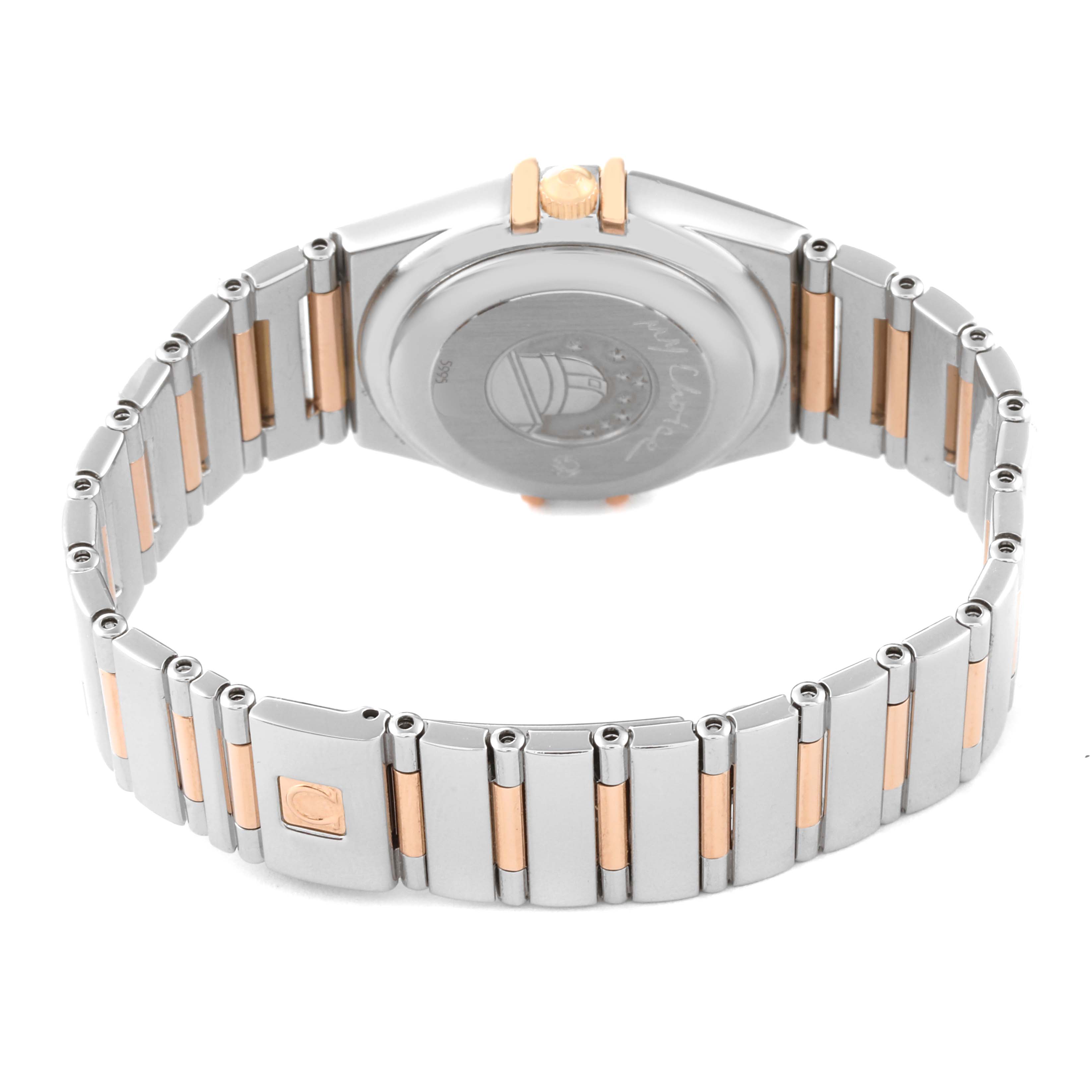 The image shows the back and bracelet of an Omega 1394.79.00 Women's Steel and Gold (two tone) Mother of Pearl Dial 1394.79.00 Women's Steel and Gold (two tone) Mother of Pearl Dial Constellation Iris Rainbow Steel Rose Gold Multi Stone Ladies Watch model 1394.79.00.
