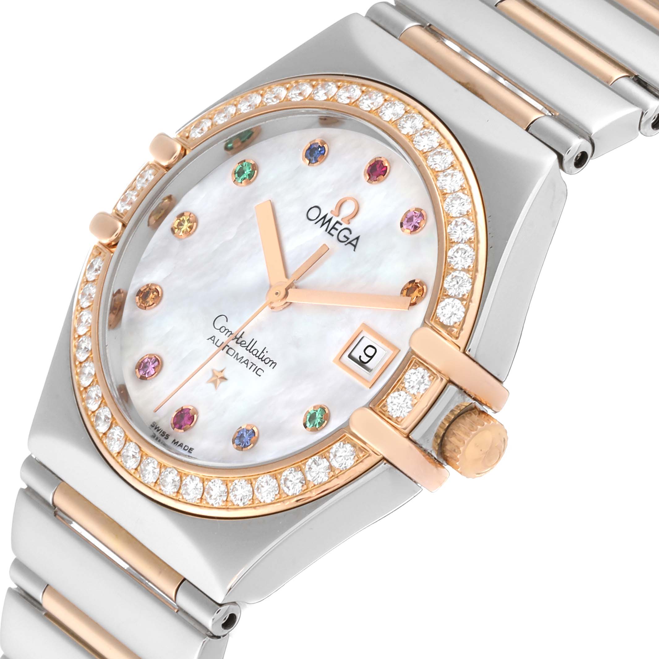 The image shows a close-up of the dial and part of the bracelet of the Omega 1394.79.00 Women's Steel and Gold (two tone) Mother of Pearl Dial 1394.79.00 Women's Steel and Gold (two tone) Mother of Pearl Dial Constellation Iris Rainbow Steel Rose Gold Multi Stone Ladies Watch model 1394.79.00.