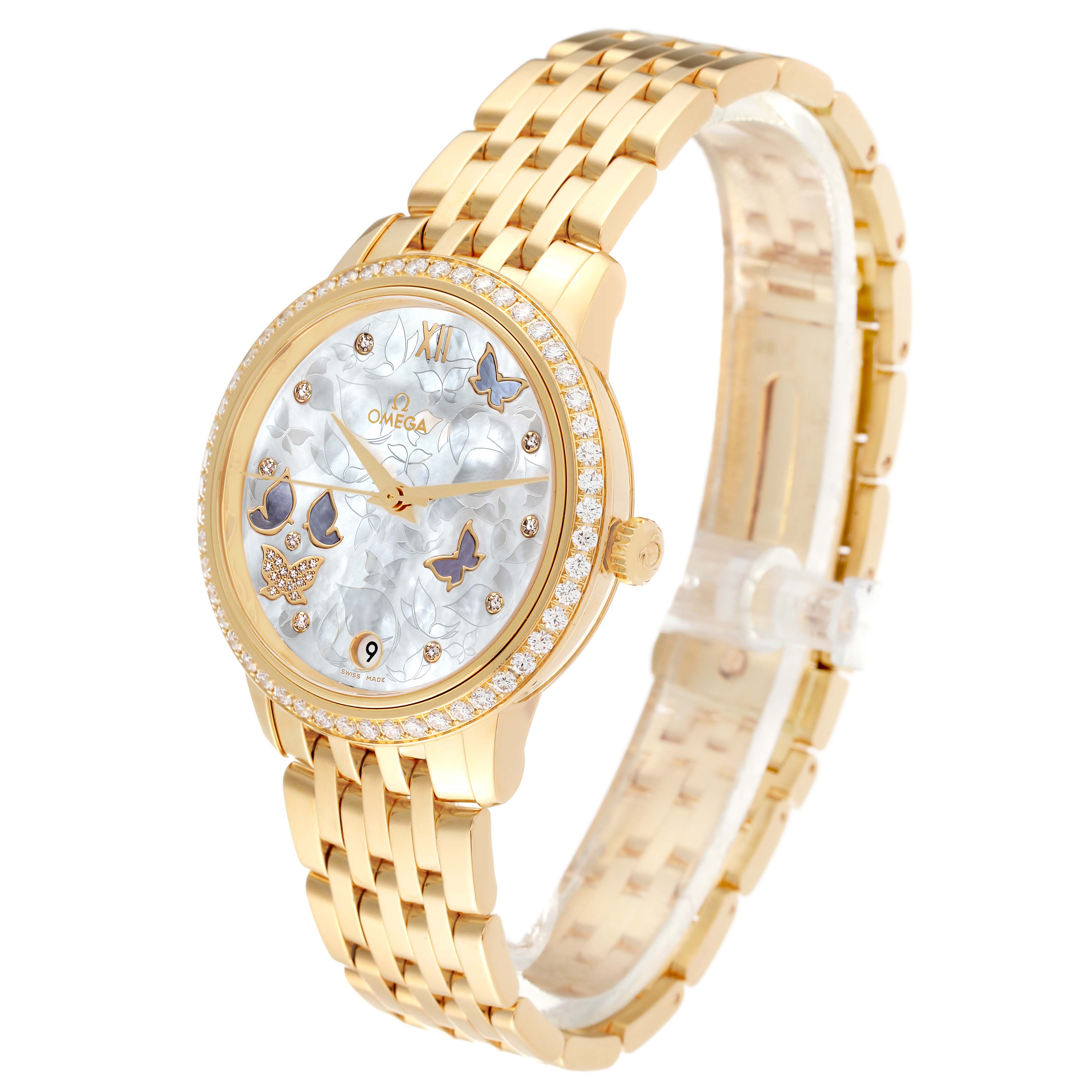 The Omega 424.55.33.20.55.005 Women's Yellow Gold Mother of Pearl Dial 424.55.33.20.55.005 Women's Yellow Gold Mother of Pearl Dial DeVille Prestige Yellow Gold Mother of Pearl Diamond Watch 424.55.33.20.55.005 is shown at an angled view of the watch face and band.