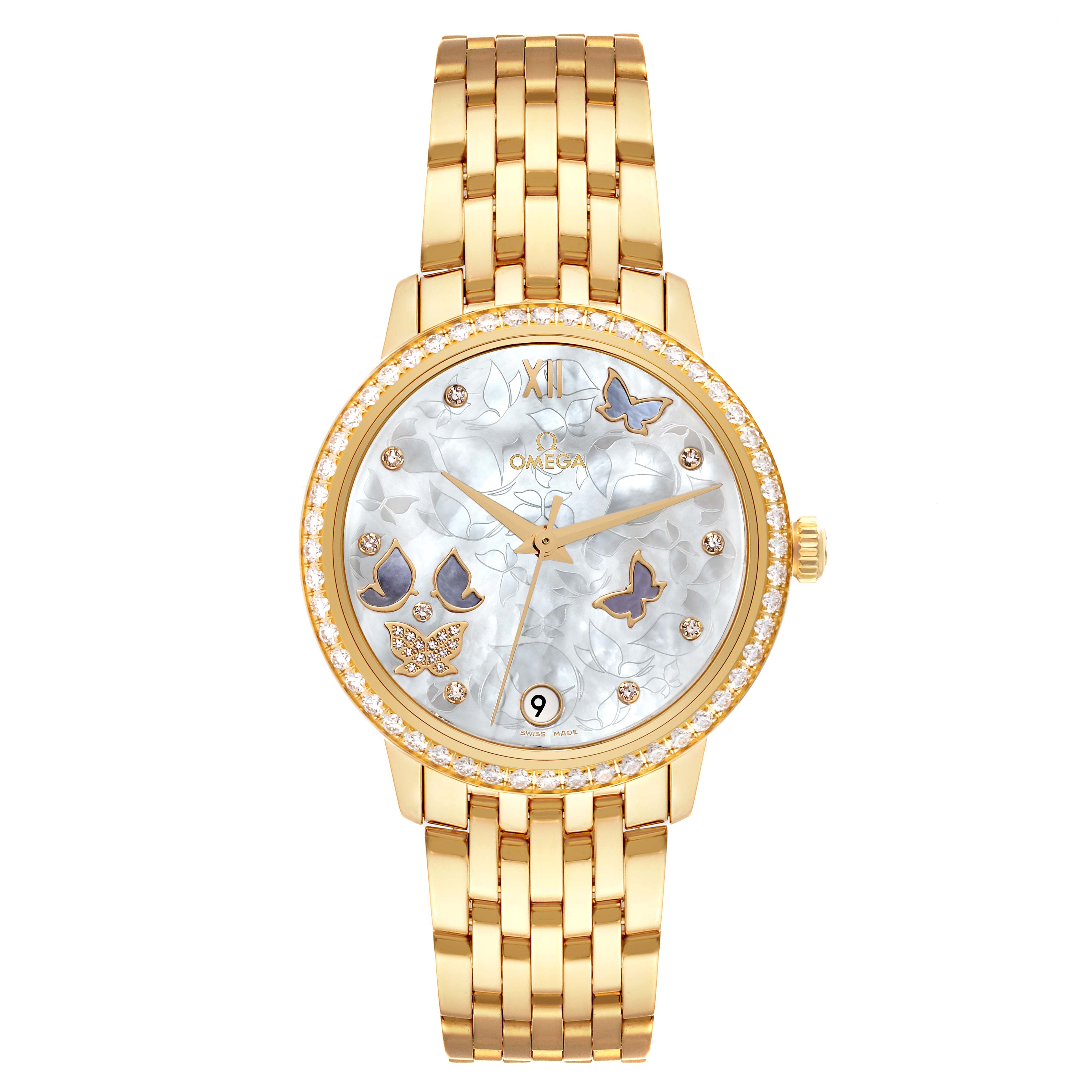 The image shows a frontal view of the Omega 424.55.33.20.55.005 Women's Yellow Gold Mother of Pearl Dial 424.55.33.20.55.005 Women's Yellow Gold Mother of Pearl Dial DeVille Prestige Yellow Gold Mother of Pearl Diamond Watch 424.55.33.20.55.005.