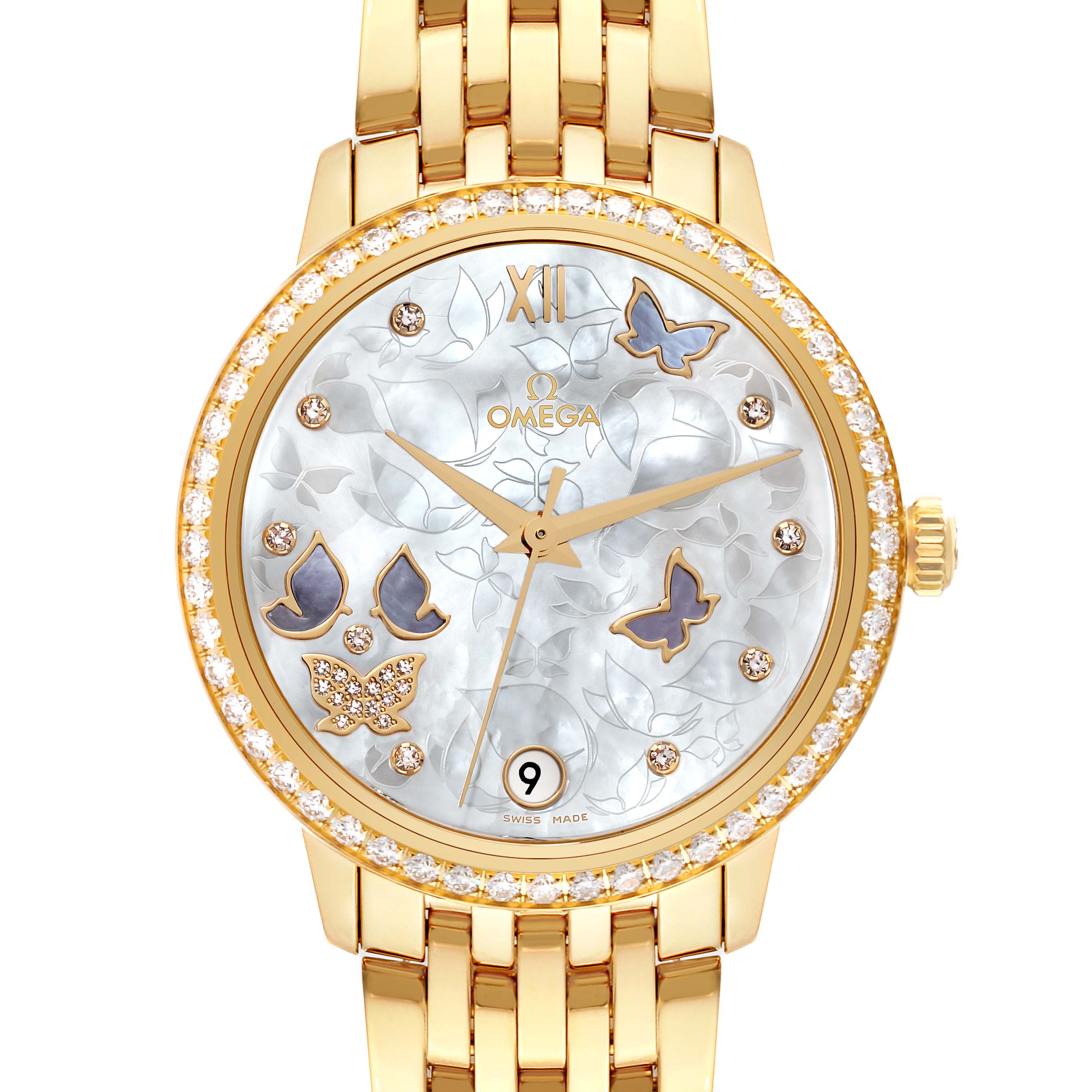 The image shows a front view of the Omega 424.55.33.20.55.005 Women's Yellow Gold Mother of Pearl Dial 424.55.33.20.55.005 Women's Yellow Gold Mother of Pearl Dial DeVille Prestige Yellow Gold Mother of Pearl Diamond Watch 424.55.33.20.55.005.