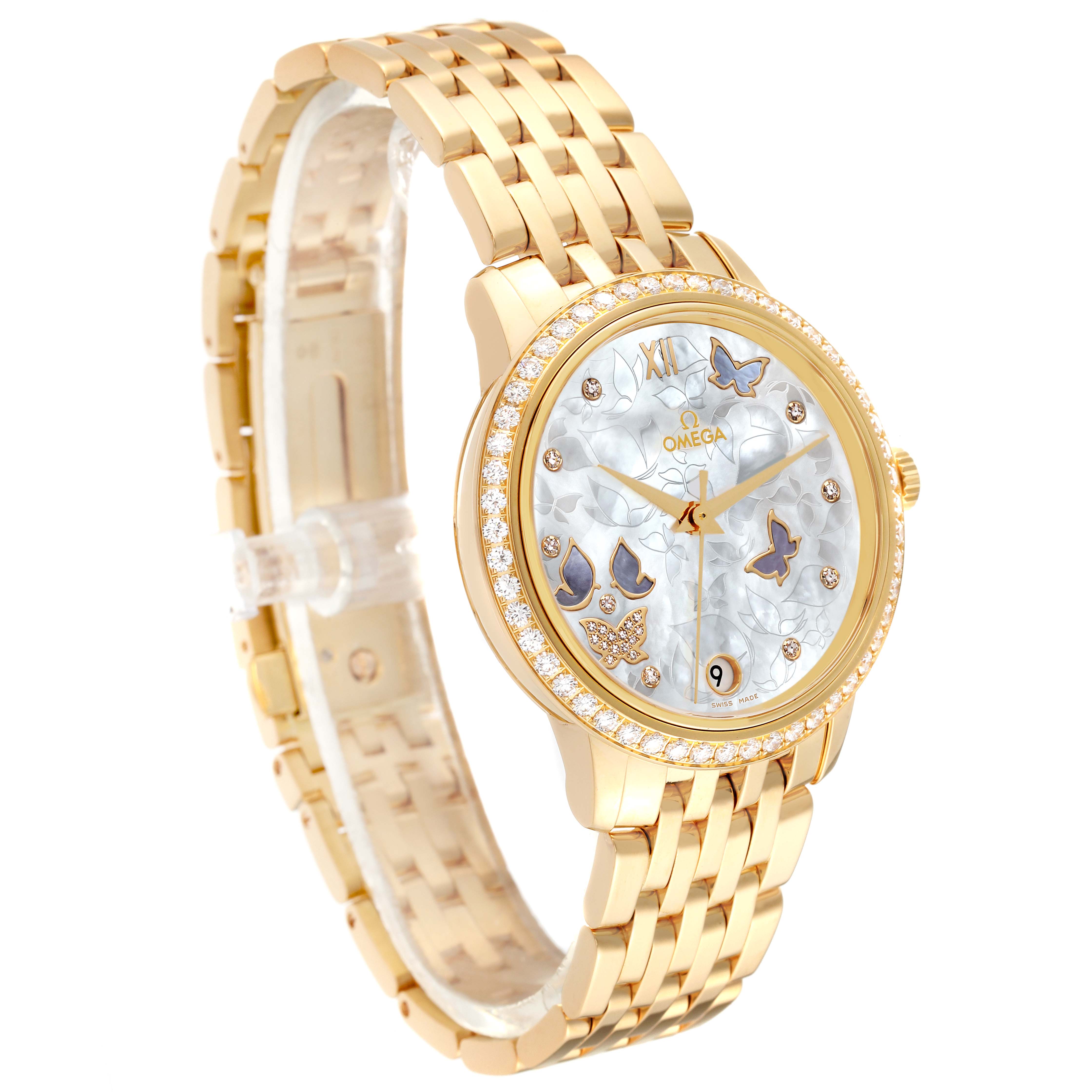 The Omega 424.55.33.20.55.005 Women's Yellow Gold Mother of Pearl Dial 424.55.33.20.55.005 Women's Yellow Gold Mother of Pearl Dial DeVille Prestige Yellow Gold Mother of Pearl Diamond Watch model 424.55.33.20.55.005 is shown at a three-quarter angle.
