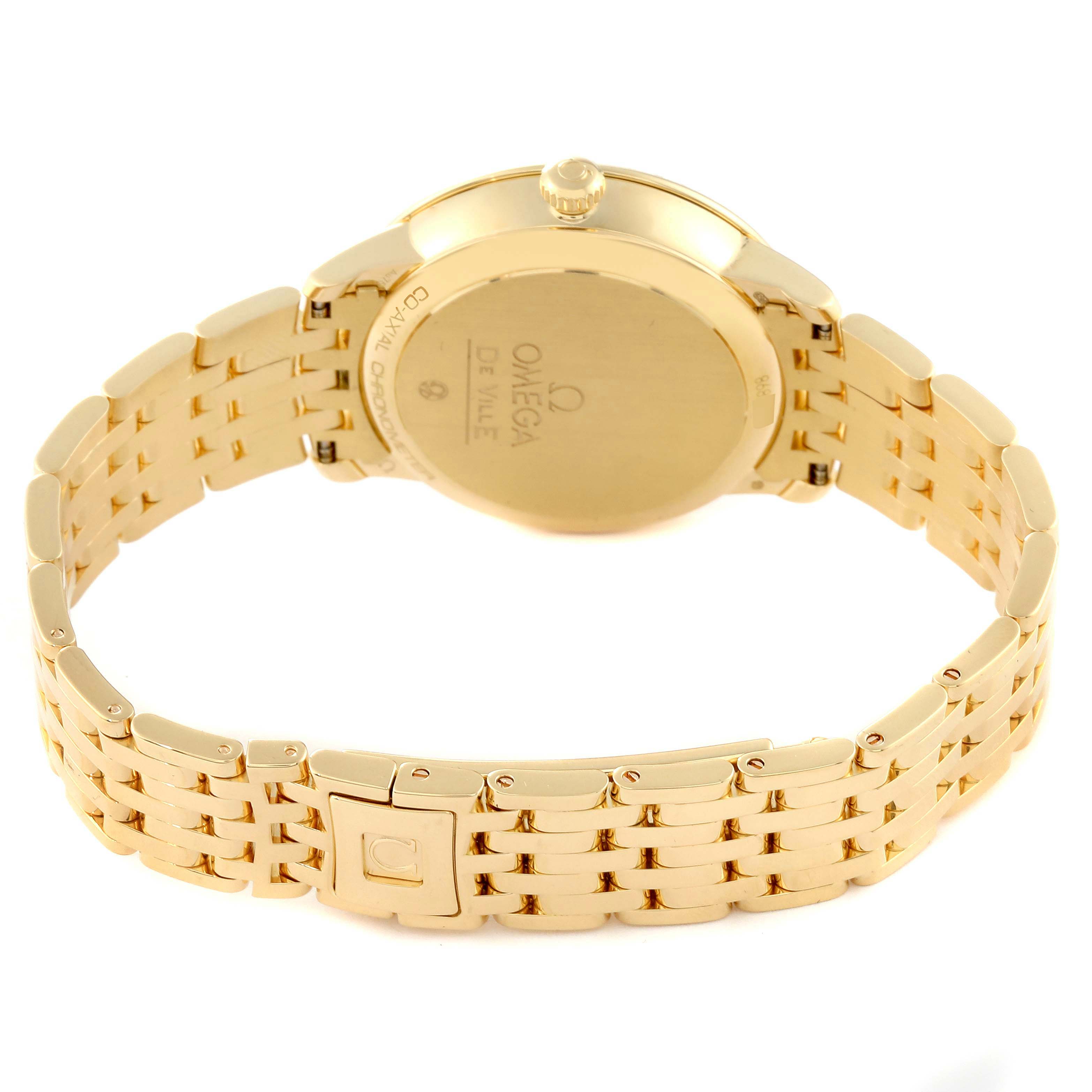 The image shows the back view of the Omega 424.55.33.20.55.005 Women's Yellow Gold Mother of Pearl Dial 424.55.33.20.55.005 Women's Yellow Gold Mother of Pearl Dial DeVille Prestige Yellow Gold Mother of Pearl Diamond Watch 424.55.33.20.55.005, focusing on the case and bracelet.