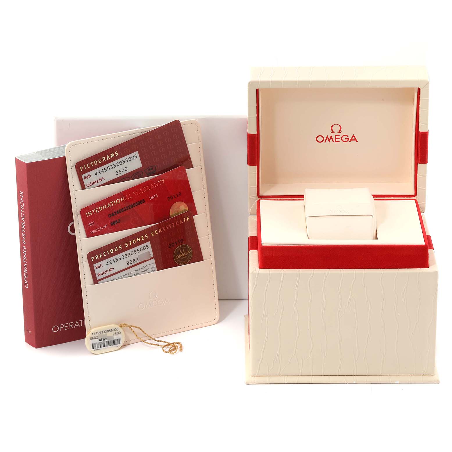 The image shows the box, card holder with cards, and operating instructions for the Omega 424.55.33.20.55.005 Women's Yellow Gold Mother of Pearl Dial 424.55.33.20.55.005 Women's Yellow Gold Mother of Pearl Dial DeVille Prestige Yellow Gold Mother of Pearl Diamond Watch 424.55.33.20.55.005.