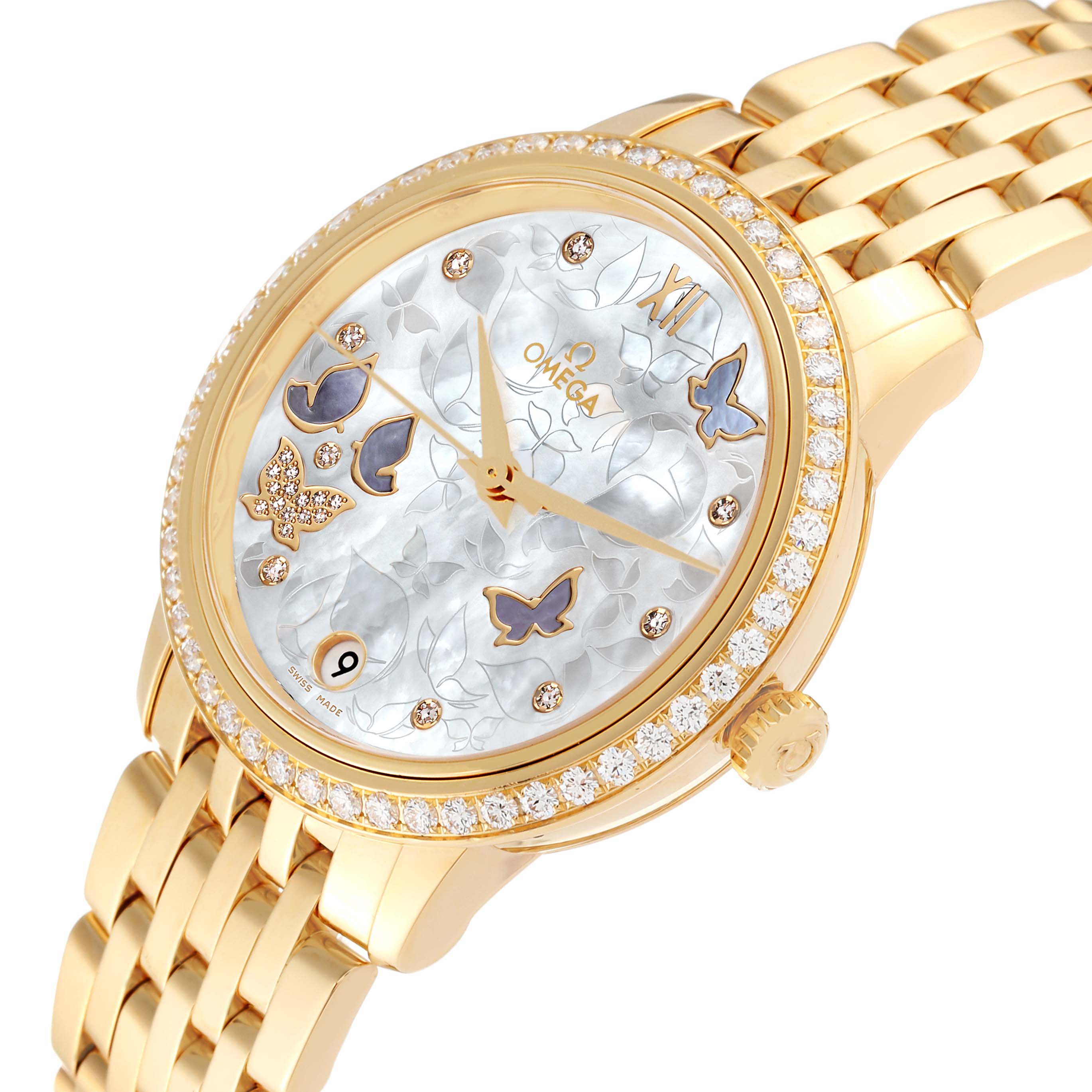 The image shows a close-up, angled view of the Omega 424.55.33.20.55.005 Women's Yellow Gold Mother of Pearl Dial 424.55.33.20.55.005 Women's Yellow Gold Mother of Pearl Dial DeVille Prestige Yellow Gold Mother of Pearl Diamond Watch 424.55.33.20.55.005, highlighting its detailed dial and bracelet.