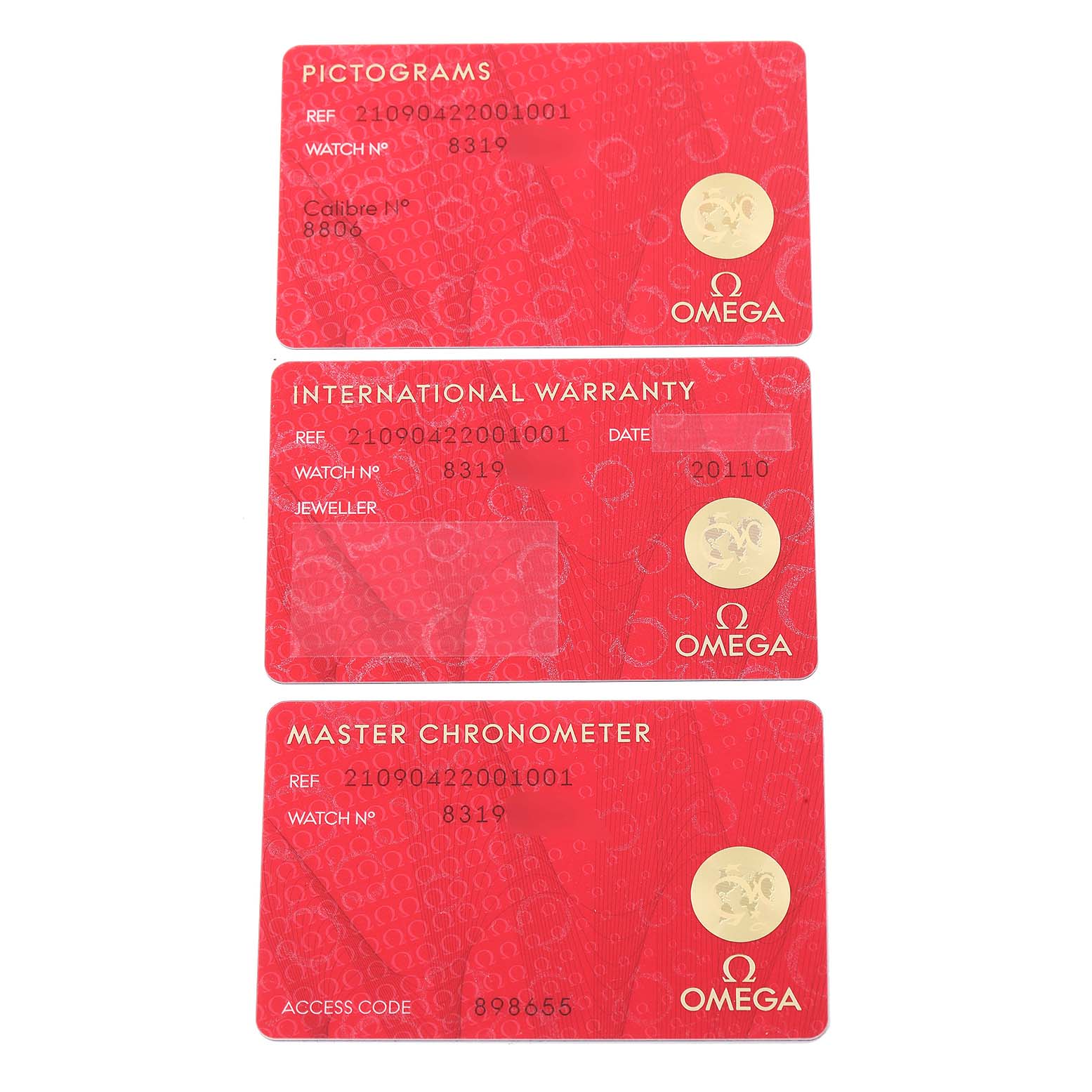 The image shows three Omega Seamaster 210.90.42.20.01.001 Men's Titanium Brown Dial 210.90.42.20.01.001 Men's Titanium Brown Dial cards: Pictograms, International Warranty, and Master Chronometer.