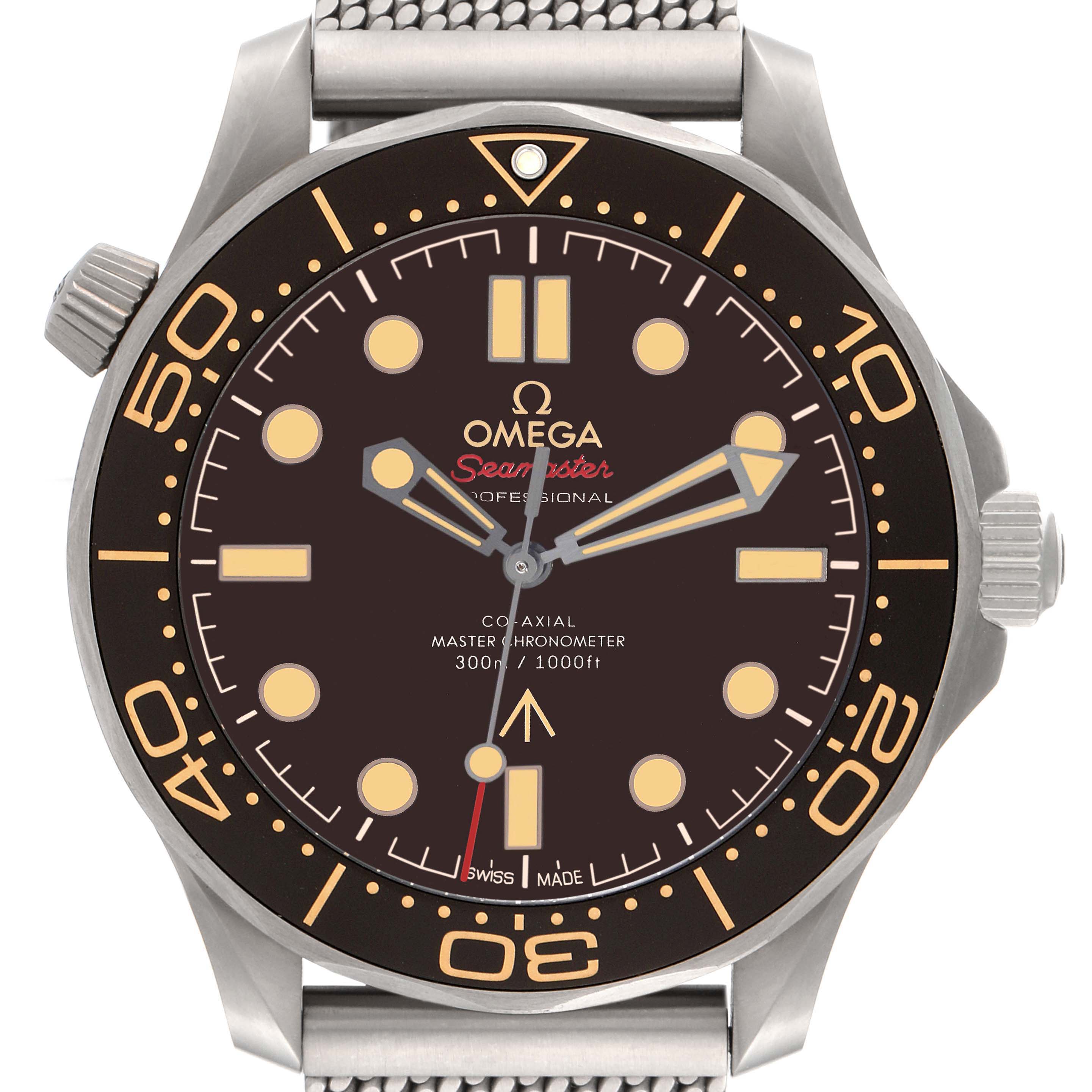 The image shows a frontal view of an Omega Seamaster 210.90.42.20.01.001 Men's Titanium Brown Dial 210.90.42.20.01.001 Men's Titanium Brown Dial watch, highlighting the dial, bezel, and part of the metal strap.