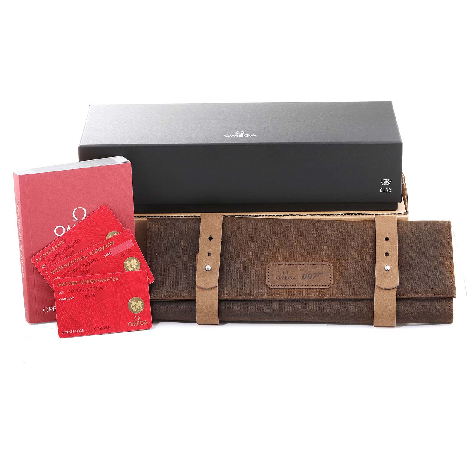 The image shows the packaging, leather case, warranty cards, and manual for the Omega Seamaster 210.90.42.20.01.001 Men's Titanium Brown Dial 210.90.42.20.01.001 Men's Titanium Brown Dial watch.