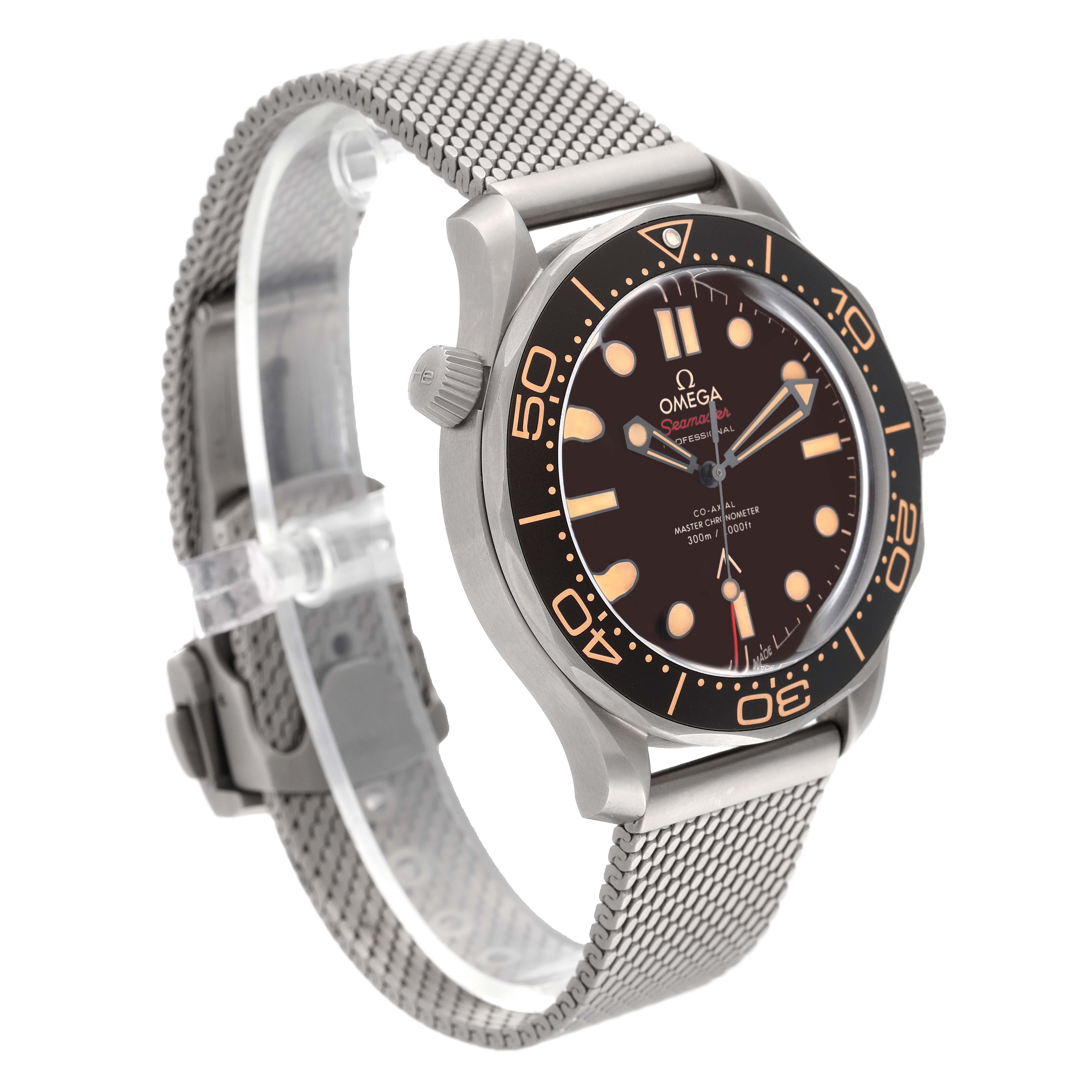 The image shows a side view of the Omega Seamaster 210.90.42.20.01.001 Men's Titanium Brown Dial 210.90.42.20.01.001 Men's Titanium Brown Dial watch, highlighting its bezel, dial, and mesh strap.