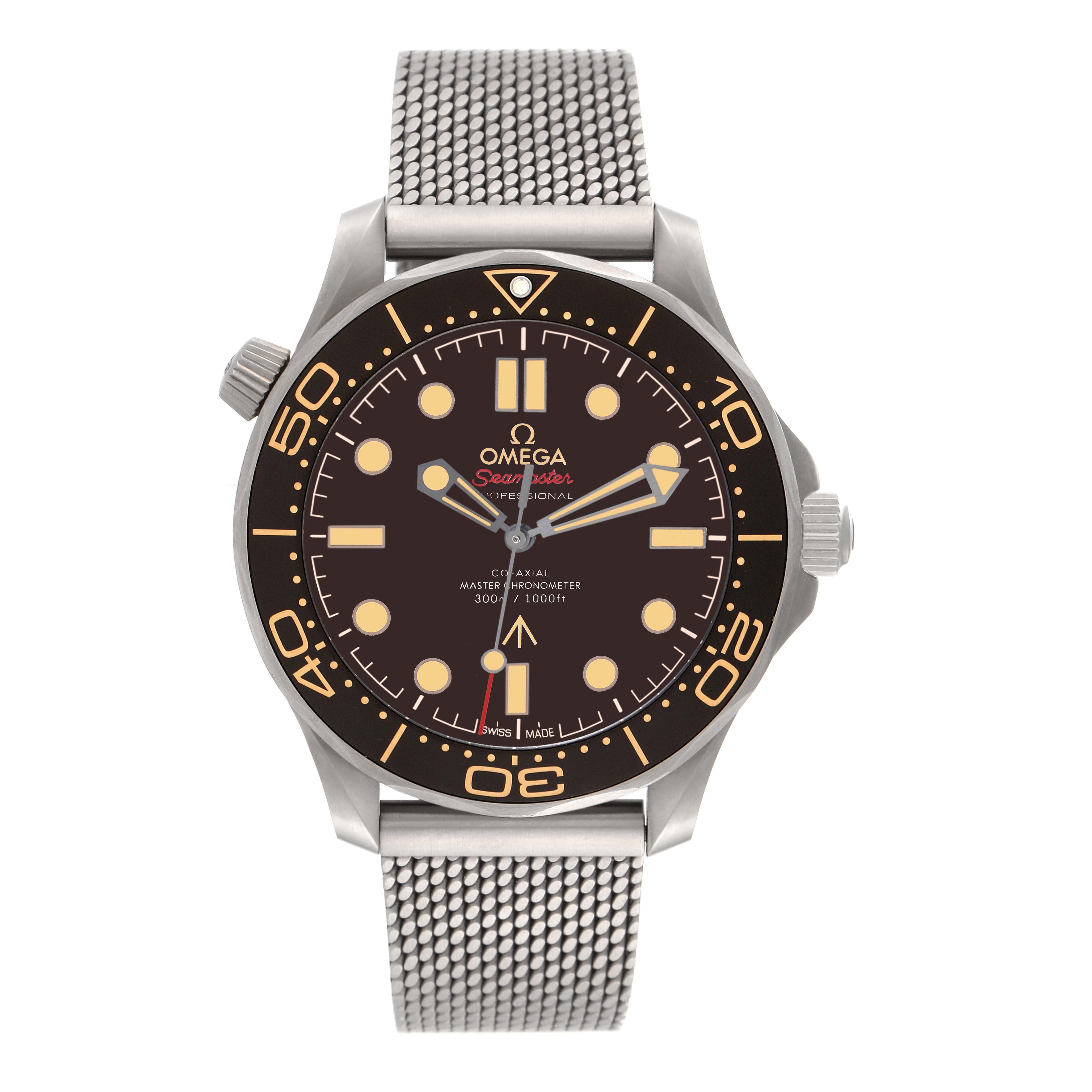 The Omega Seamaster 210.90.42.20.01.001 Men's Titanium Brown Dial 210.90.42.20.01.001 Men's Titanium Brown Dial watch is shown from a front angle, displaying its dial, bezel, and steel mesh strap.