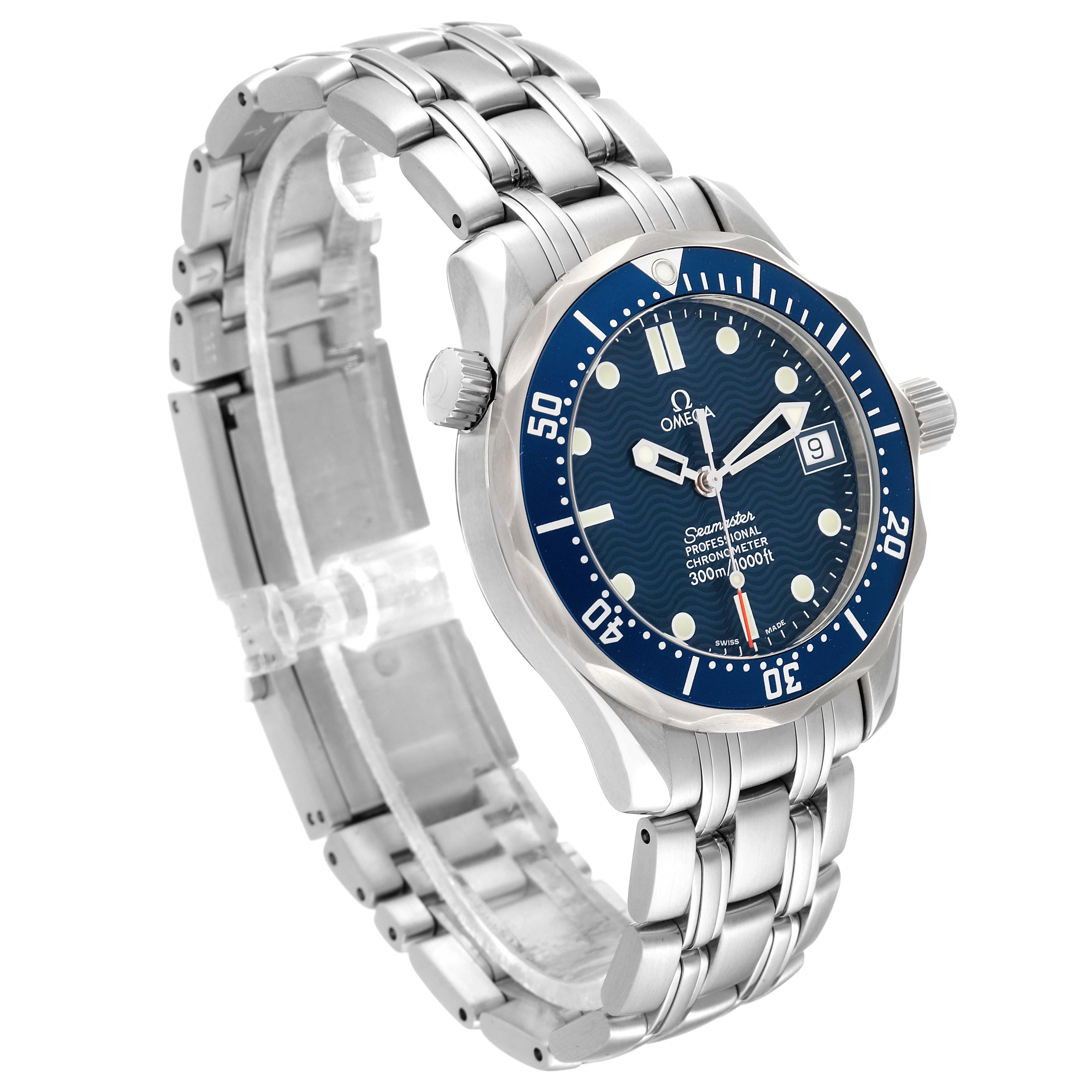 The Omega Seamaster 2551.80.00 Men
s Stainless Steel Blue Dial 2551.80.00 Men
s Stainless Steel Blue Dial watch is shown at a three-quarter angle, displaying its blue dial, bezel, and stainless steel bracelet.