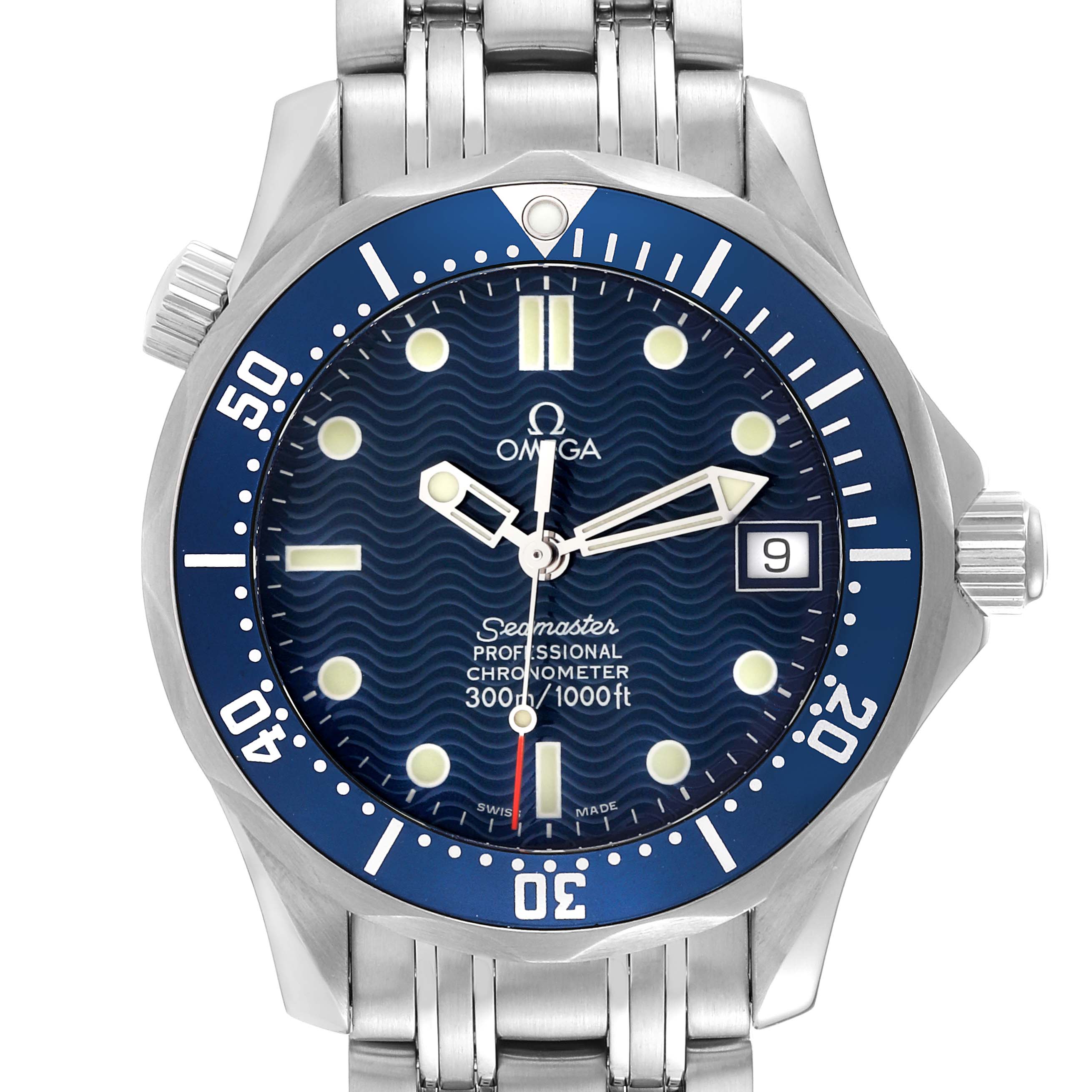 This Omega Seamaster 2551.80.00 Men
s Stainless Steel Blue Dial 2551.80.00 Men
s Stainless Steel Blue Dial watch is shown from a front angle, highlighting its dial, bezel, hands, bracelet, and crown.