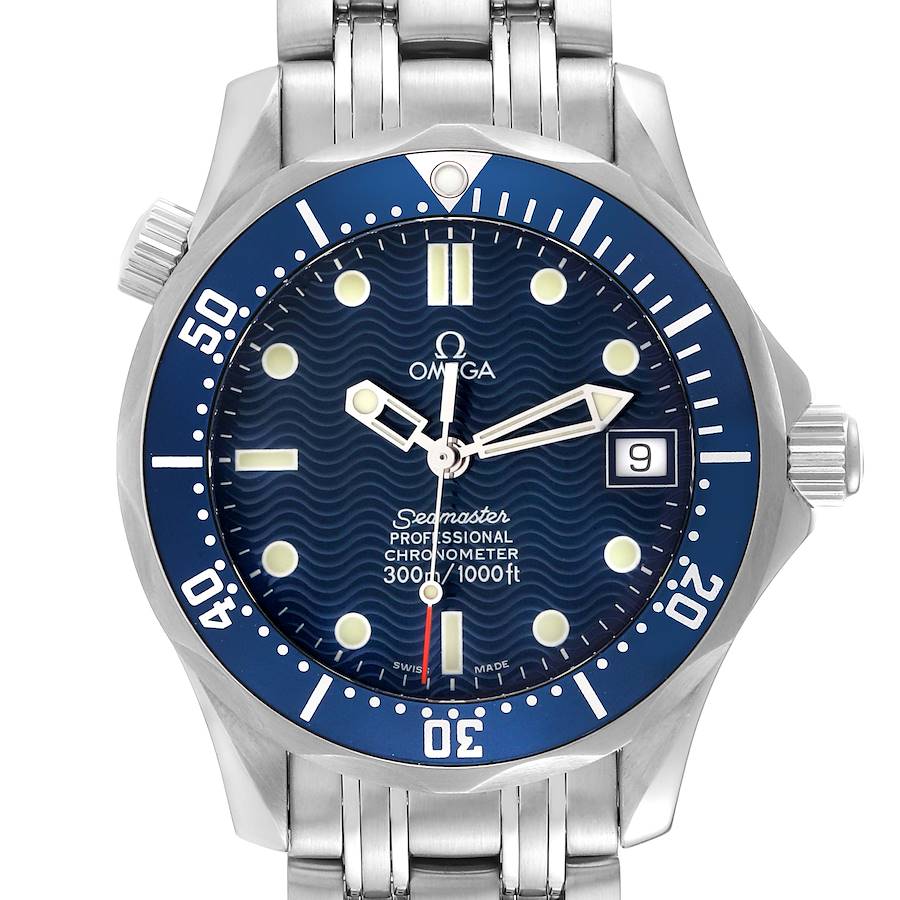 This Omega Seamaster watch is shown from a front angle, highlighting its dial, bezel, hands, bracelet, and crown.