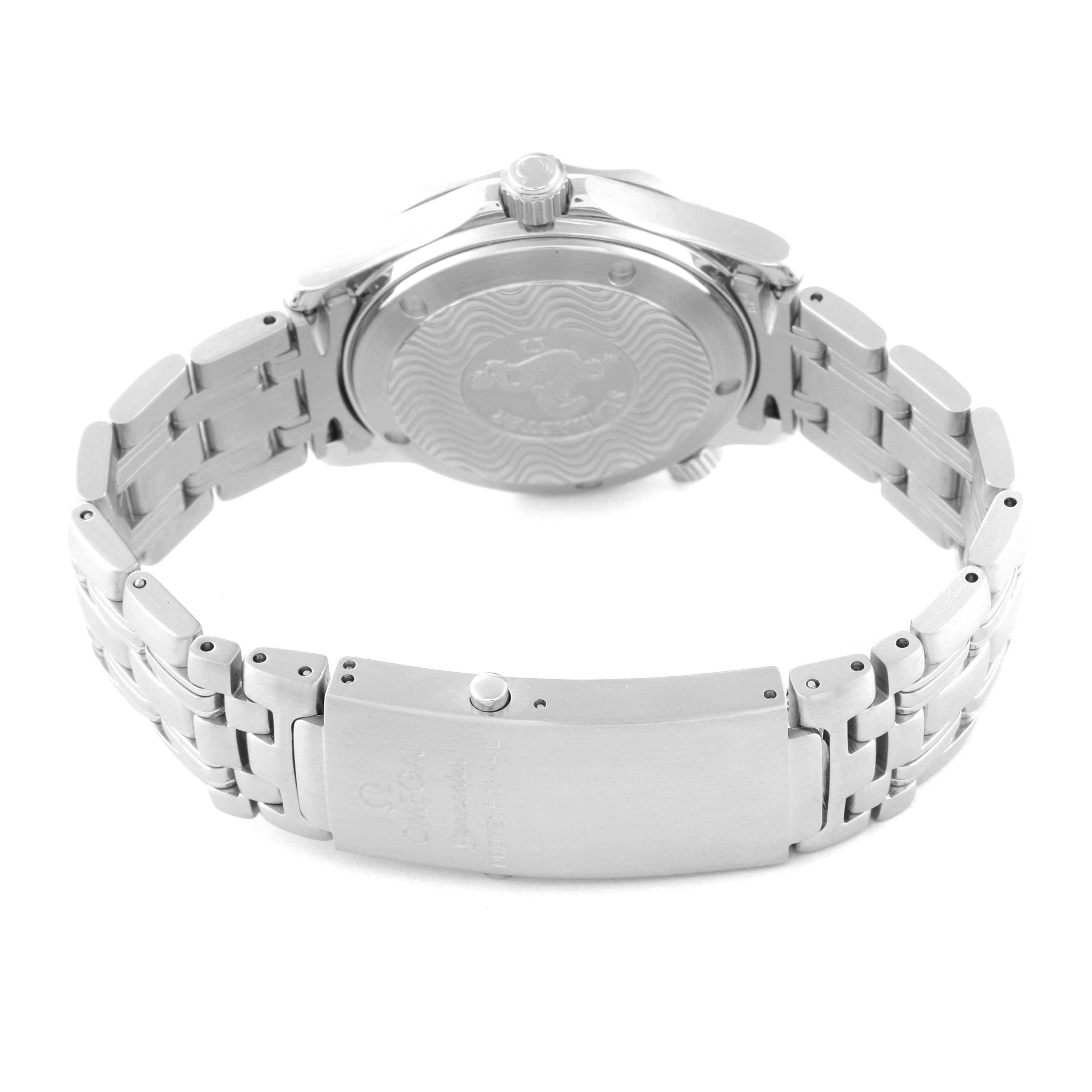 The image shows the rear view of an Omega Seamaster 2551.80.00 Men
s Stainless Steel Blue Dial 2551.80.00 Men
s Stainless Steel Blue Dial watch, highlighting its case back, crown, and metal bracelet with a clasp.