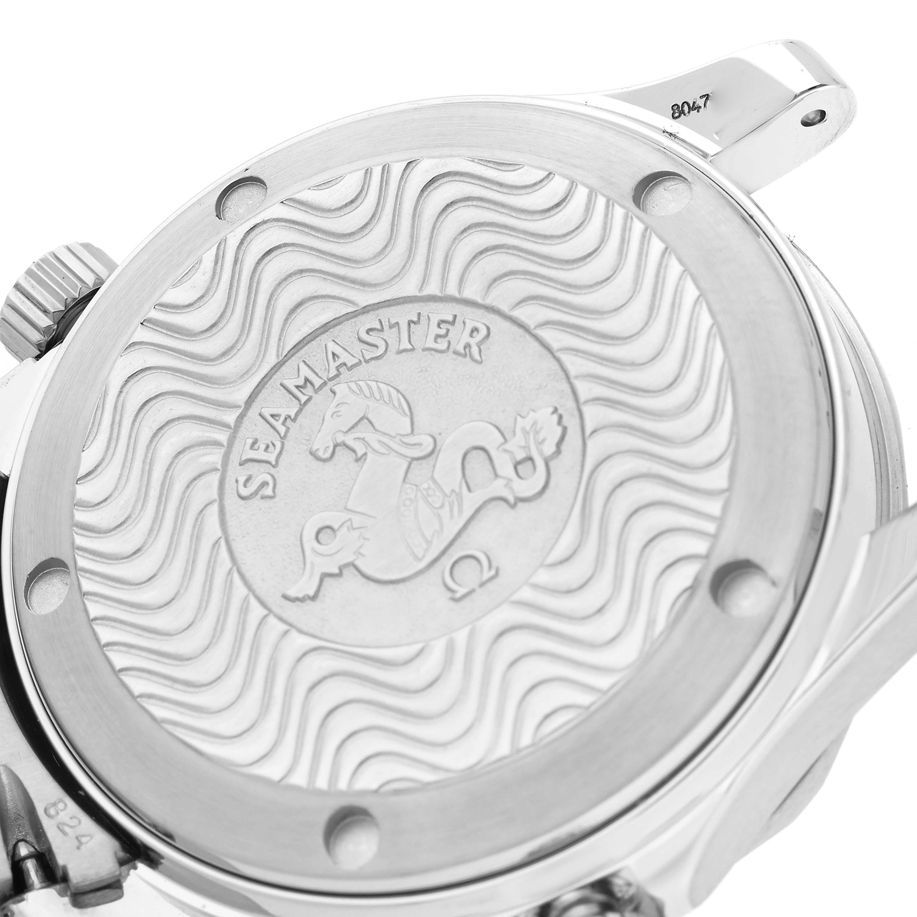 The image shows the back case of an Omega Seamaster 2551.80.00 Men
s Stainless Steel Blue Dial 2551.80.00 Men
s Stainless Steel Blue Dial watch from an angled close-up.