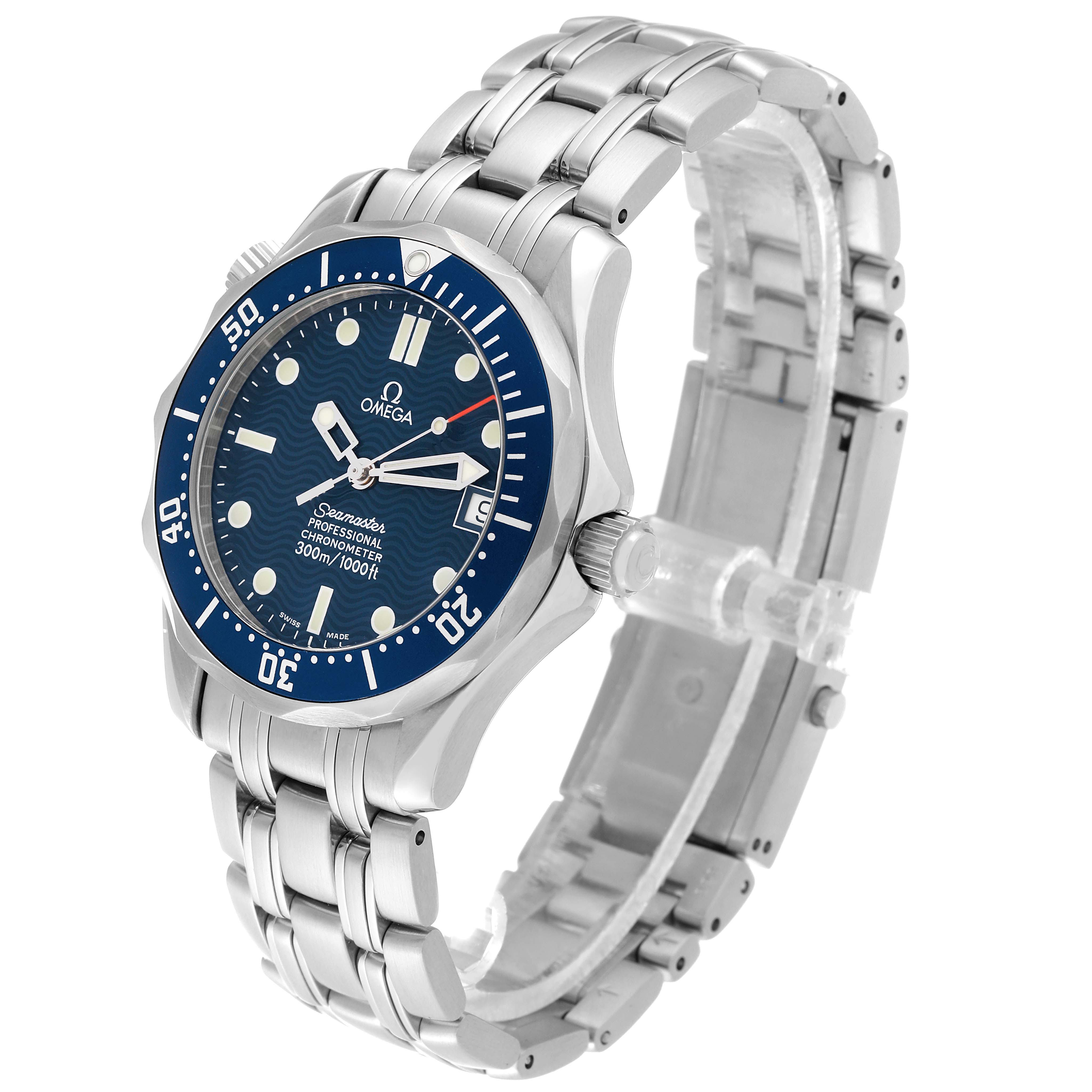 The image shows an Omega Seamaster 2551.80.00 Men
s Stainless Steel Blue Dial 2551.80.00 Men
s Stainless Steel Blue Dial watch at an angled side view, displaying the face, bezel, crown, and part of the bracelet.