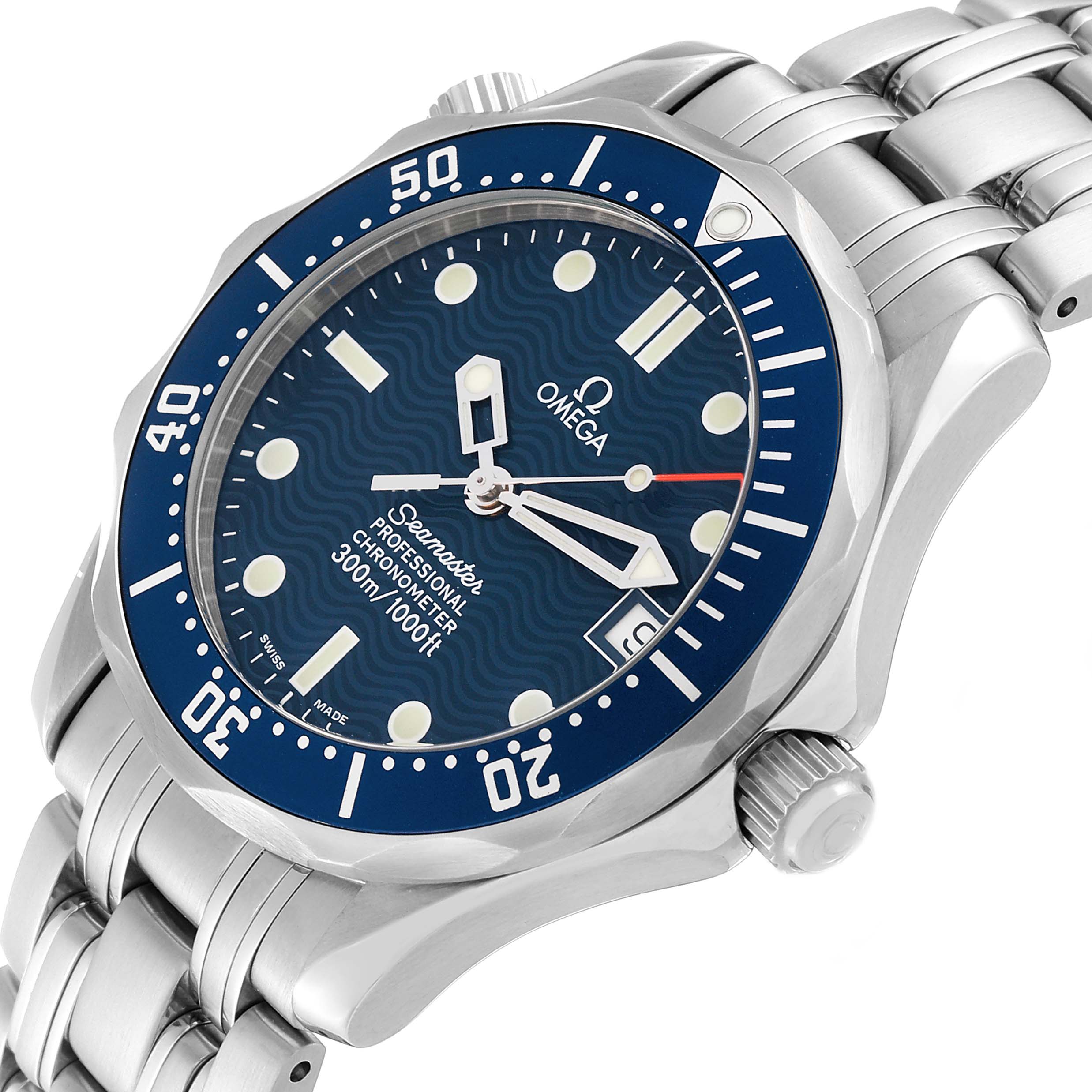 This Omega Seamaster 2551.80.00 Men
s Stainless Steel Blue Dial 2551.80.00 Men
s Stainless Steel Blue Dial watch is shown at a slight side angle, displaying the dial, bezel, crown, and bracelet.