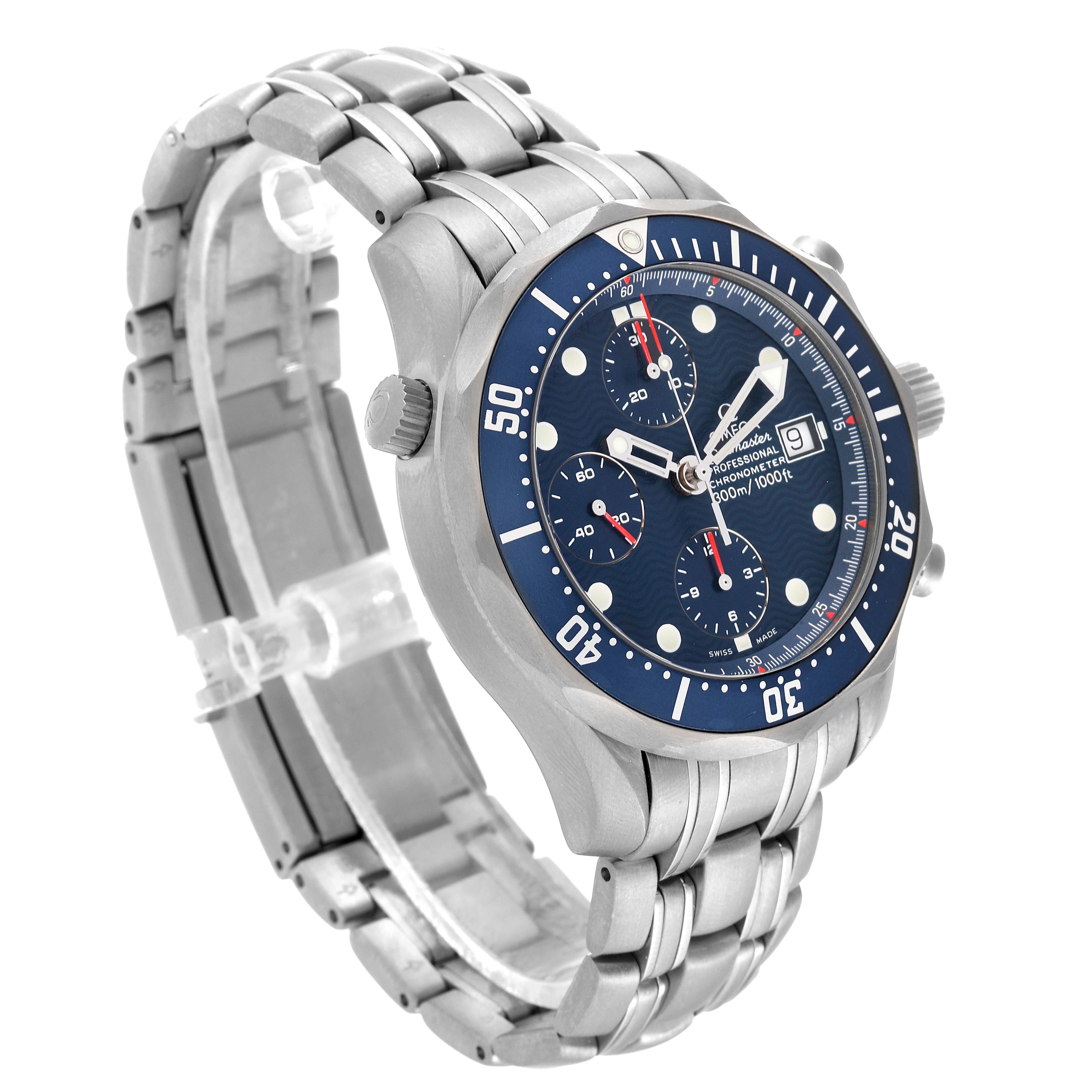 The image shows an Omega Seamaster 2298.80.00 Men's Titanium Blue Dial 2298.80.00 Men's Titanium Blue Dial watch at a three-quarter angle, displaying the face, bezel, bracelet, and crown.