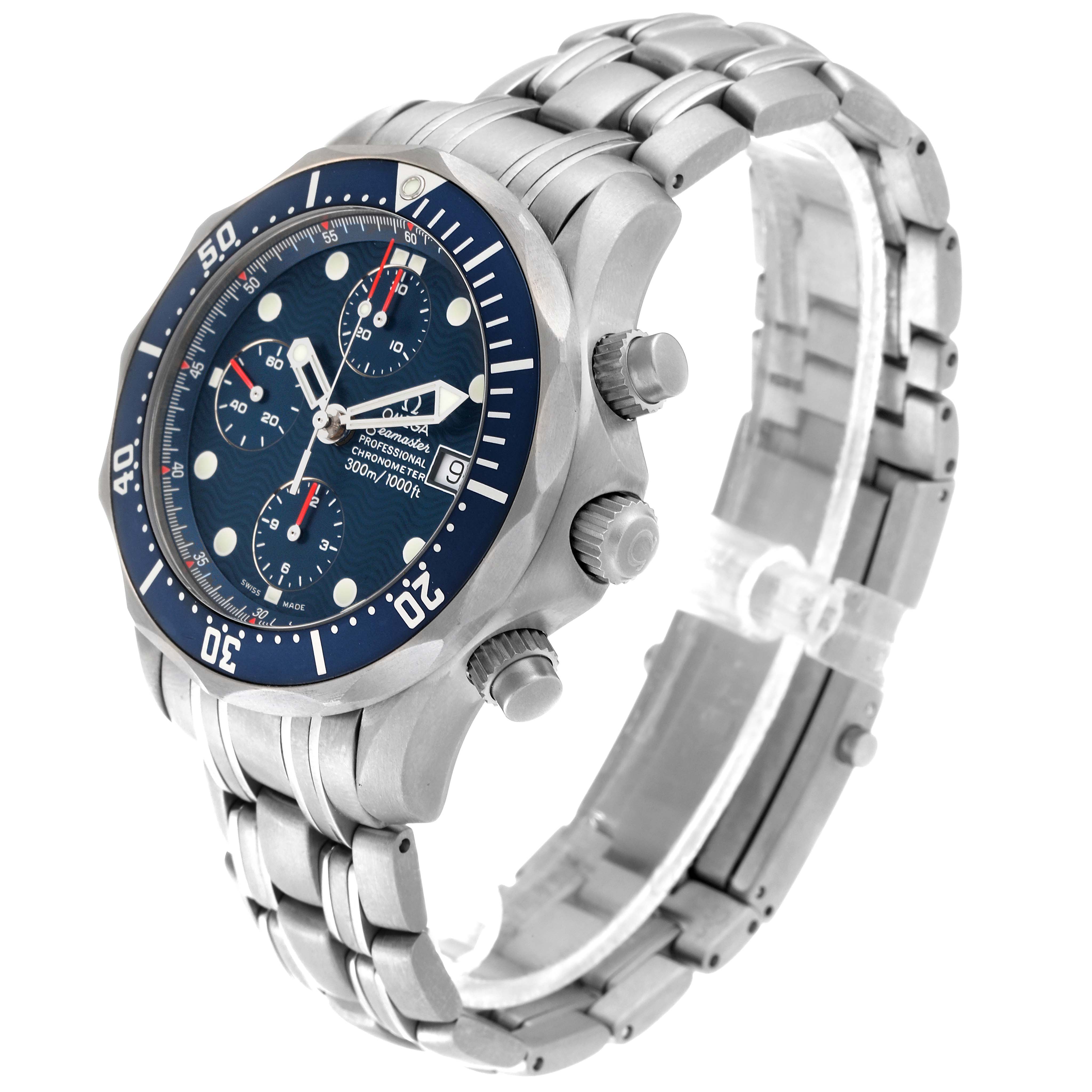The Omega Seamaster 2298.80.00 Men's Titanium Blue Dial 2298.80.00 Men's Titanium Blue Dial watch is angled to show the front and right side, displaying the dial, bezel, and side buttons.